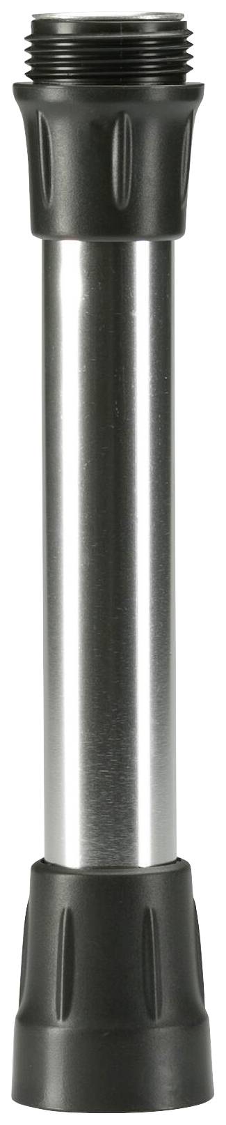 A gleaming metal cylinder with two black plastic ends, possibly a technical or mechanical component.