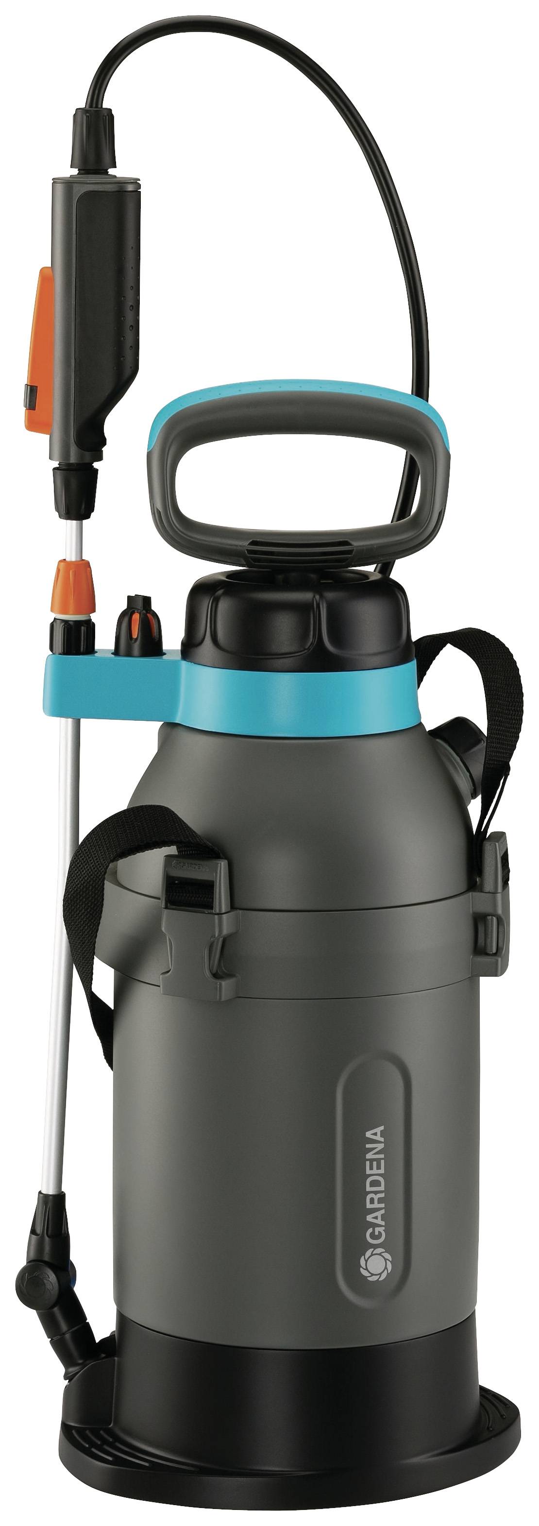 A grey-black garden sprayer with blue and orange accents. Fitted with a carrying handle and adjustable nozzle.