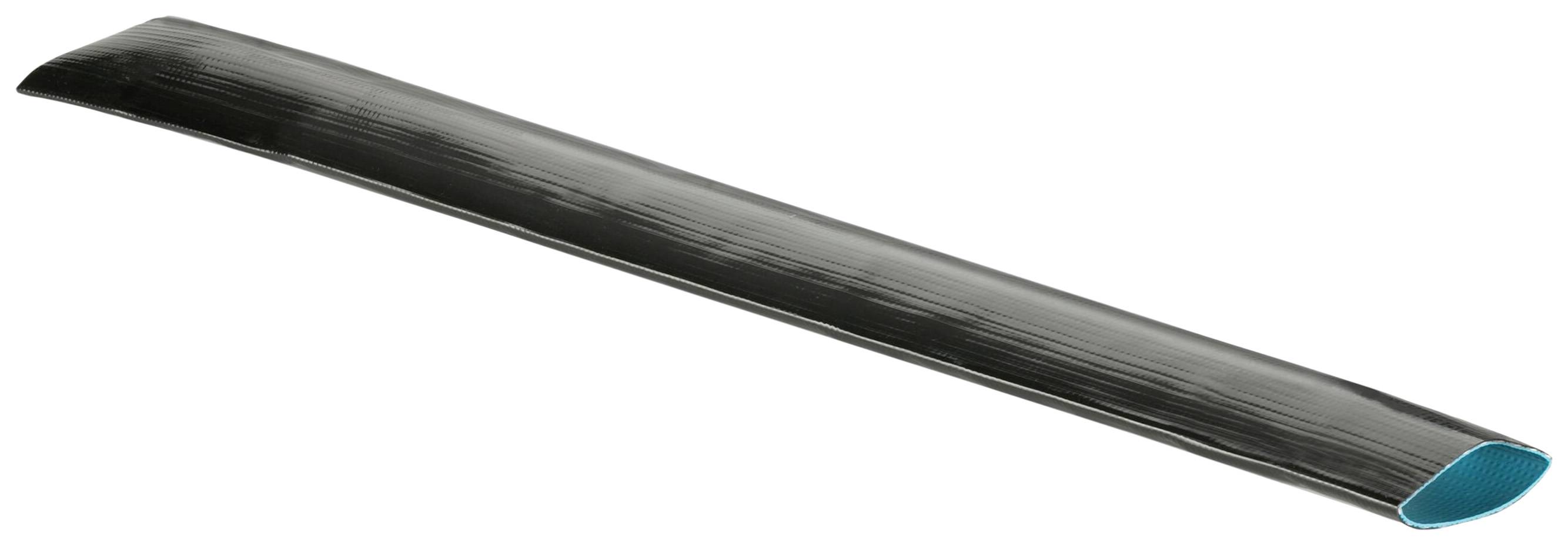 A black elongated object that looks like a narrow plastic strip with a turquoise inner surface.