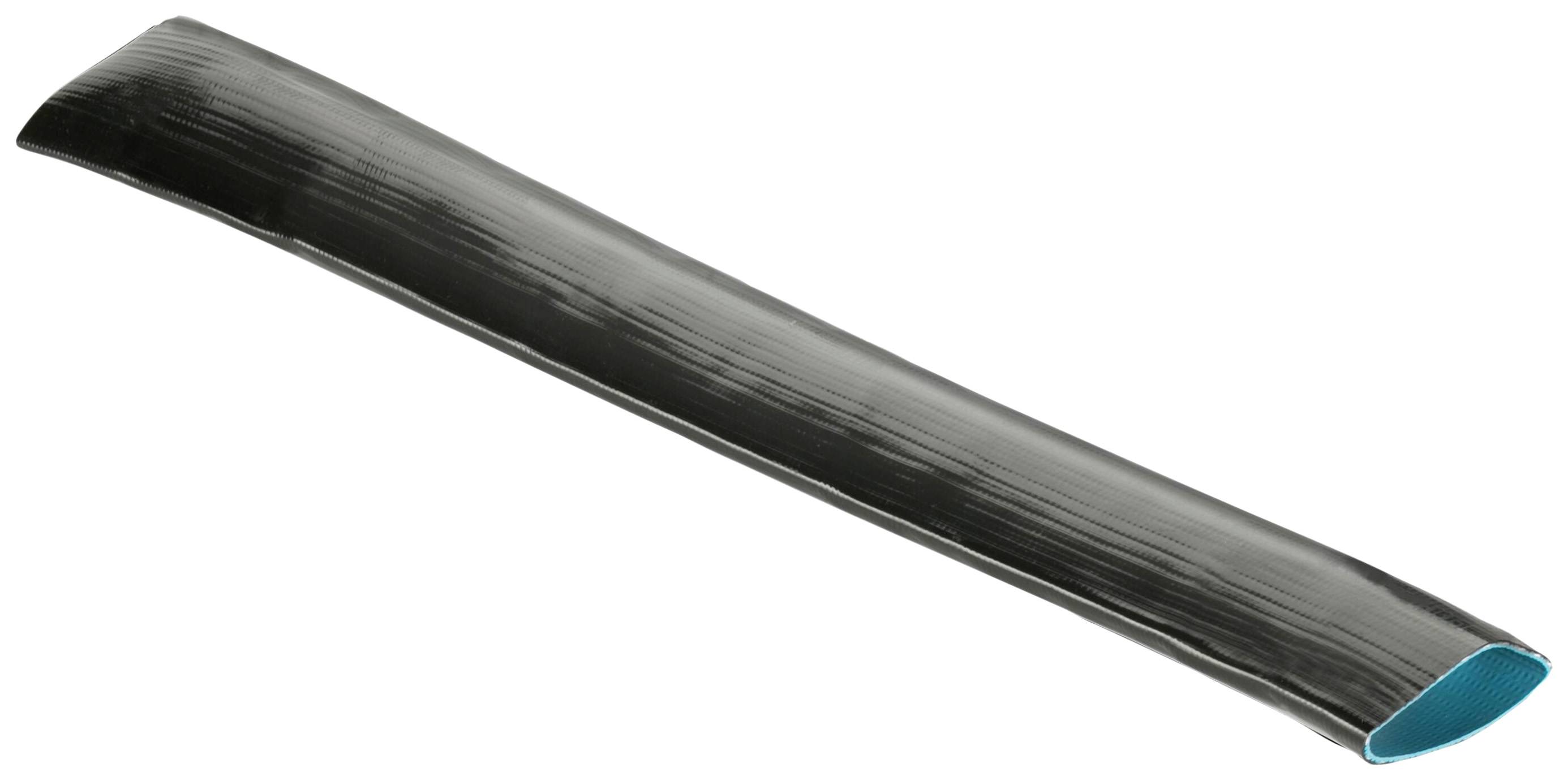 A black, slightly curved pipe with a blue inner surface, lying on a white background.