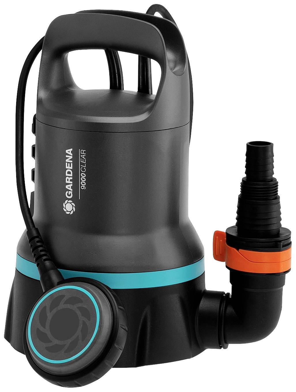 A black submersible pump with a turquoise stripe and orange connection. The brand name 'Gardena' and model '6000/5 Clear' are visible.