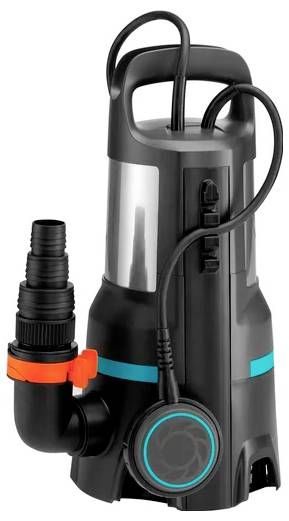 A black submersible pump with integrated hose connection and cable, suitable for sewage disposal or water transfer.