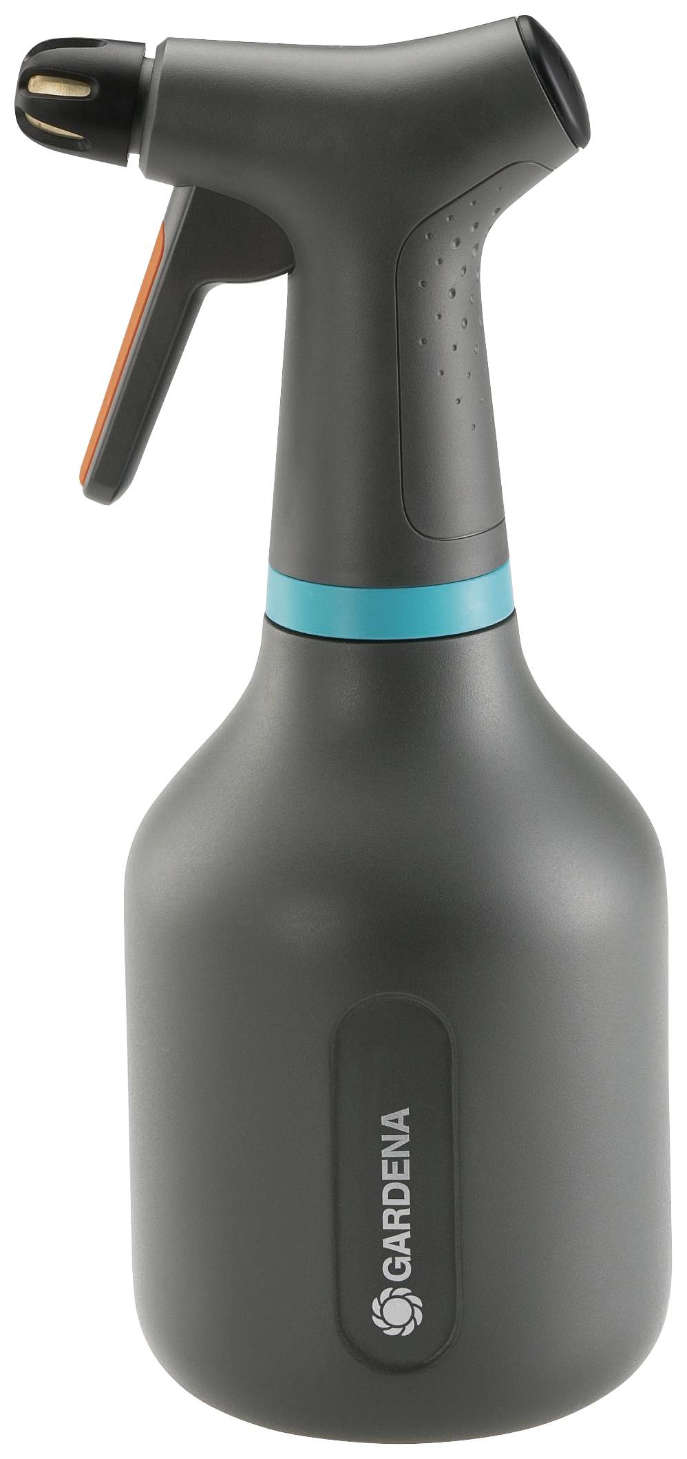 Grey garden sprayer with a black handle and blue ring at the top, 'Gardena' brand name on the side.