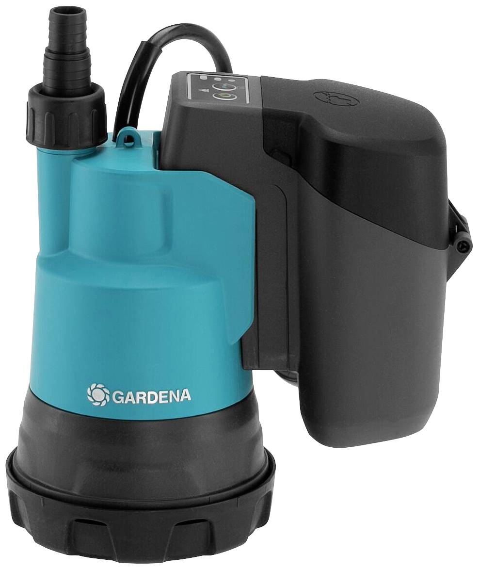 'Gardena Submersible Pump': Blue and black water pump with cable and control panel, suitable for garden or construction site use.