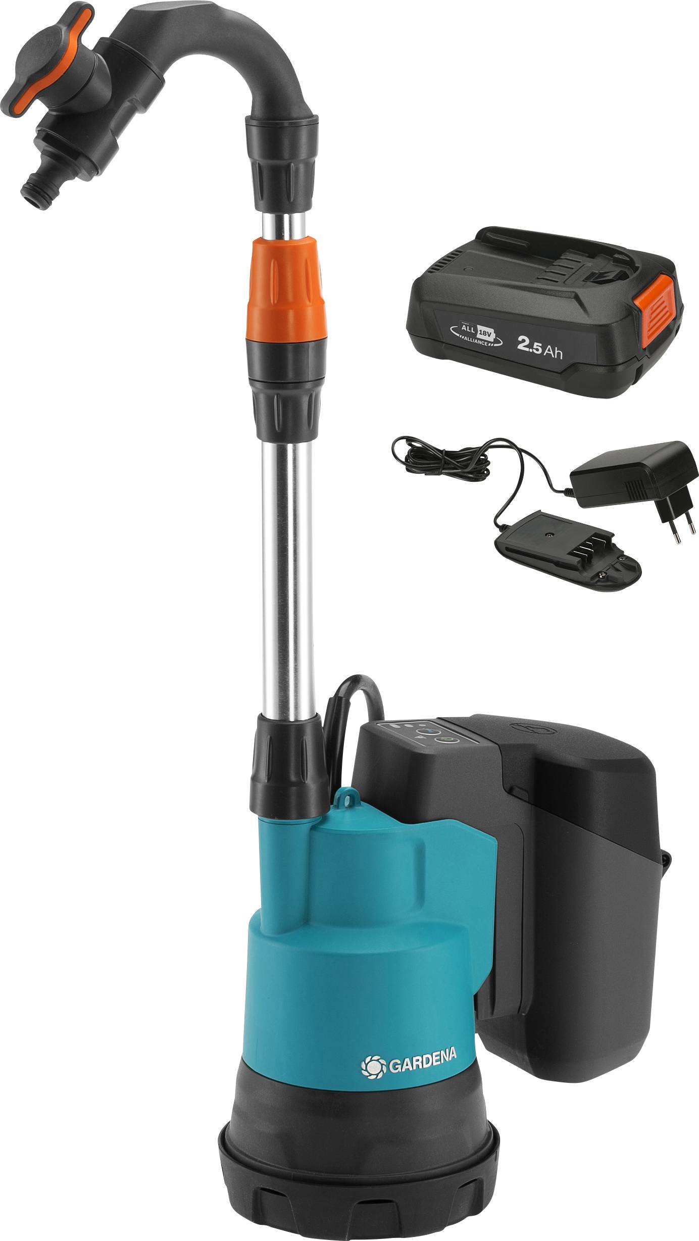 Image of a Gardena submersible pump with a battery and charger. The pump is blue with a black base and has a curved black outlet.