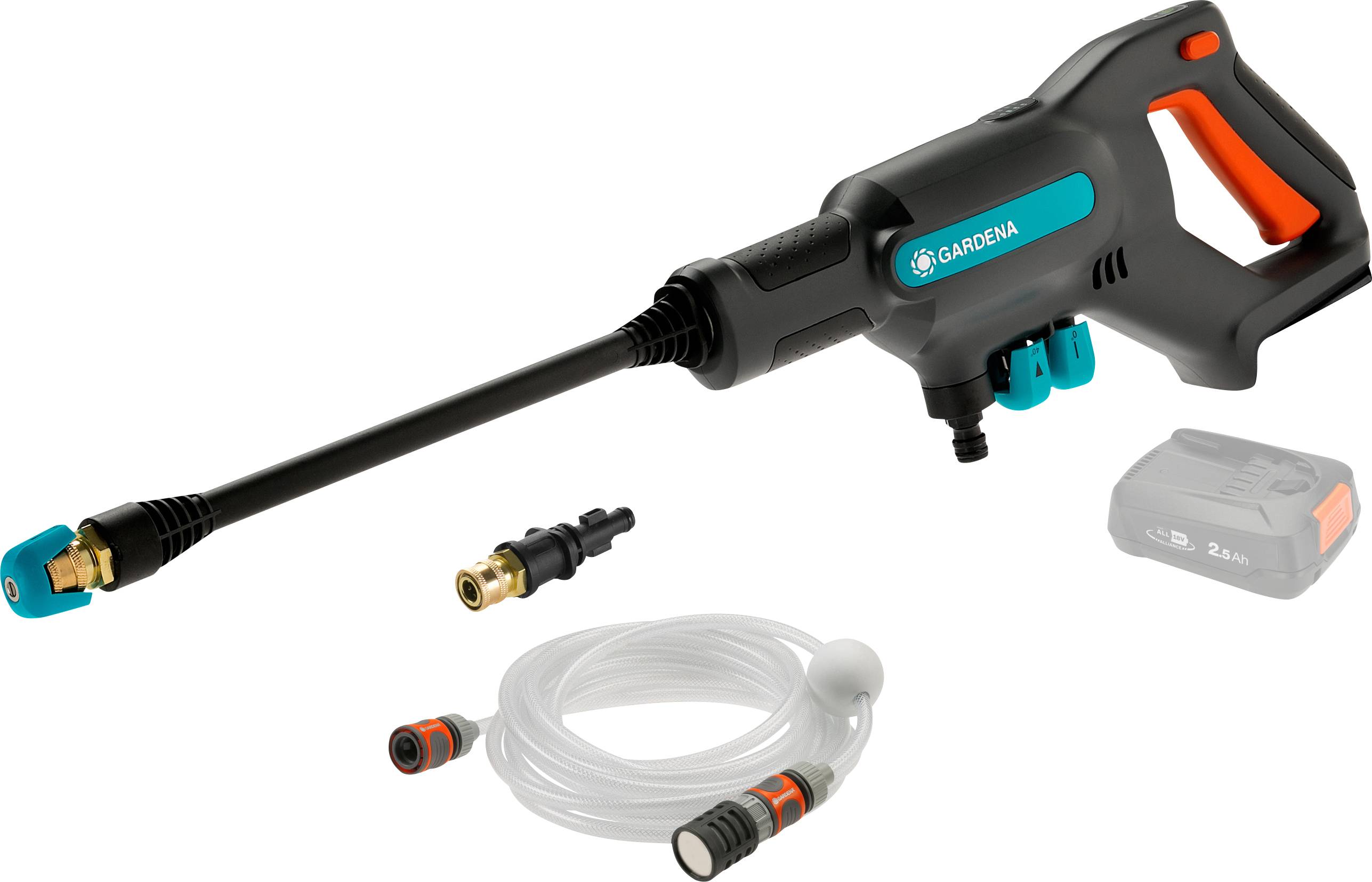 Battery-powered pressure cleaner with long spray lance, battery and hose. For removing dirt on cars and in the garden.