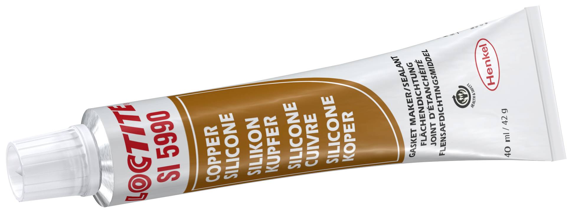 A tube of 'LOCTITE SI 5990 Copper Silicone Sealant'. 40 ml contents. Manufactured by Henkel. Suitable for heat-resistant sealing.