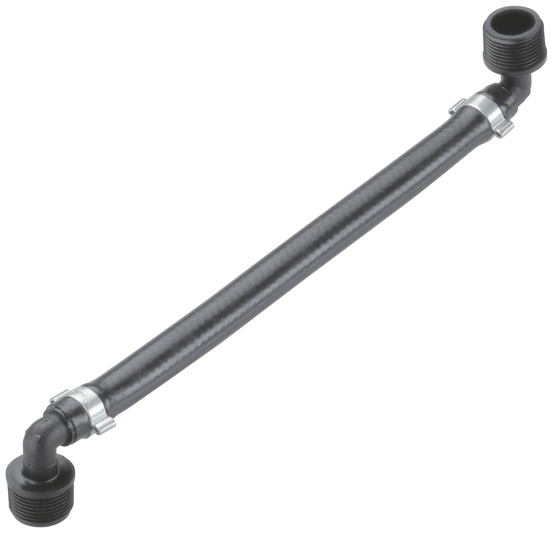 Flexible black hose with fittings at both ends, suitable for plumbing or heating applications.