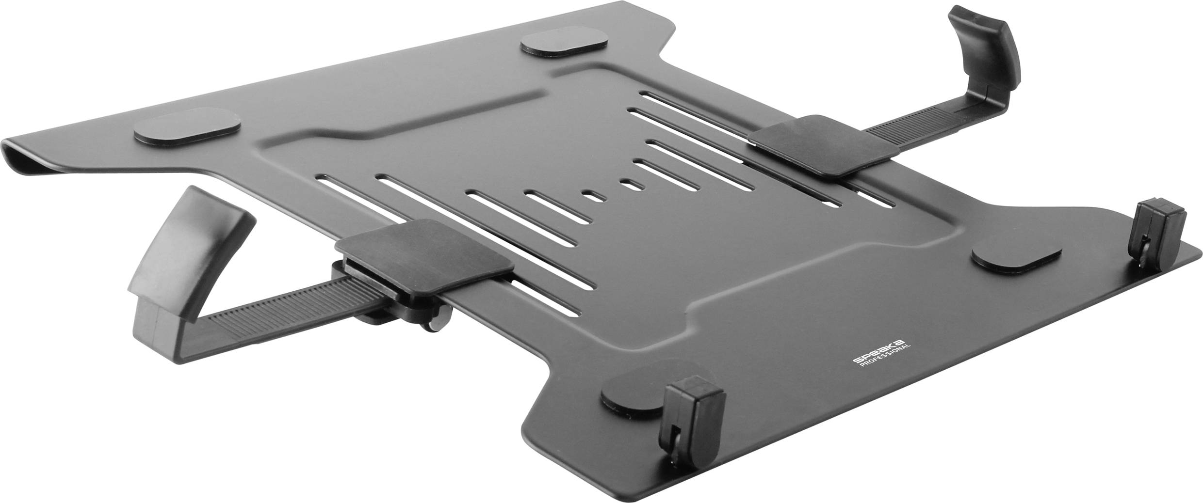 Black metal laptop stand with adjustable support arms and ventilation slots to improve cooling and ergonomics.