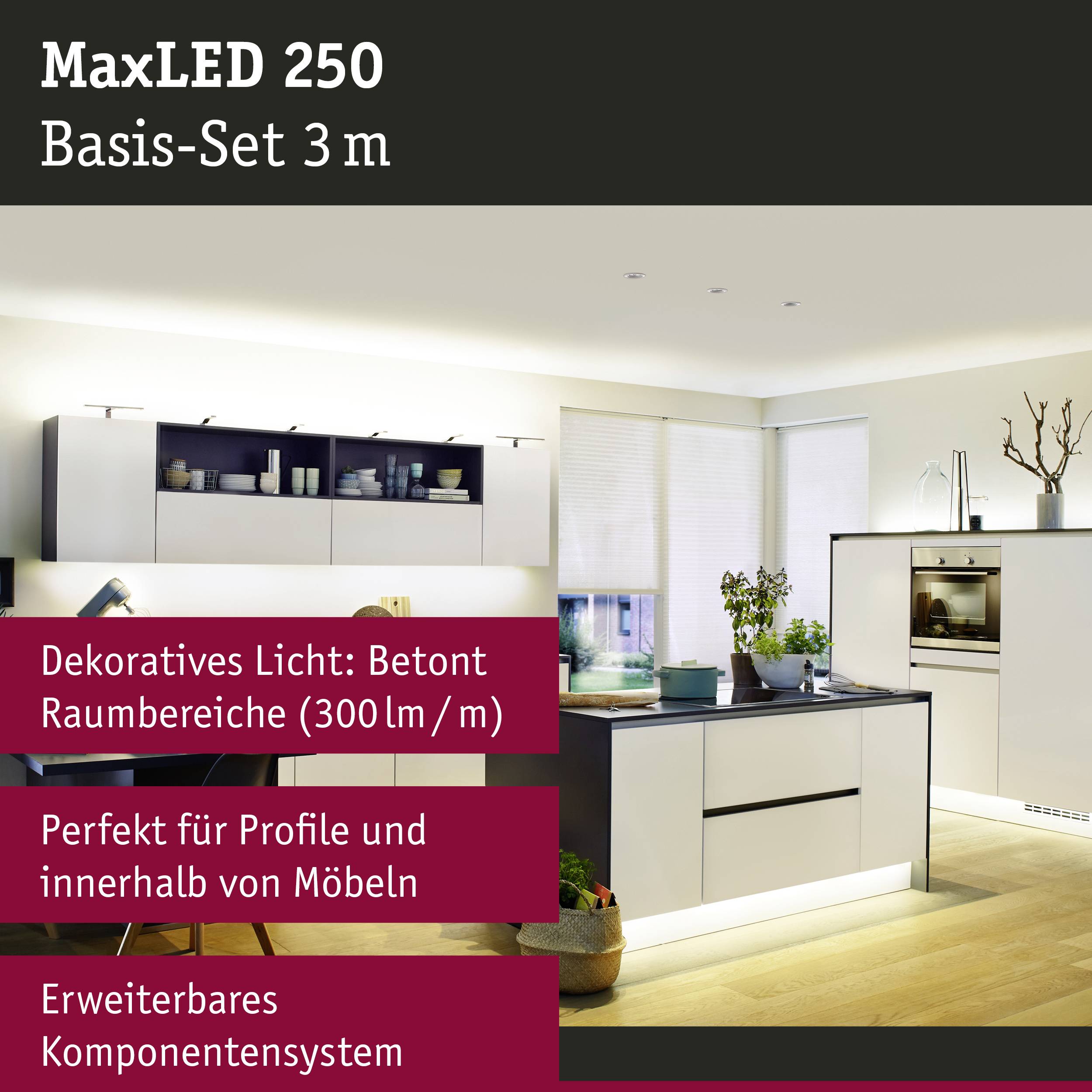'MaxLED 250 Basic Set 3 m' in white text on a red background. Image shows modern kitchen with LED lighting above cupboards and island.