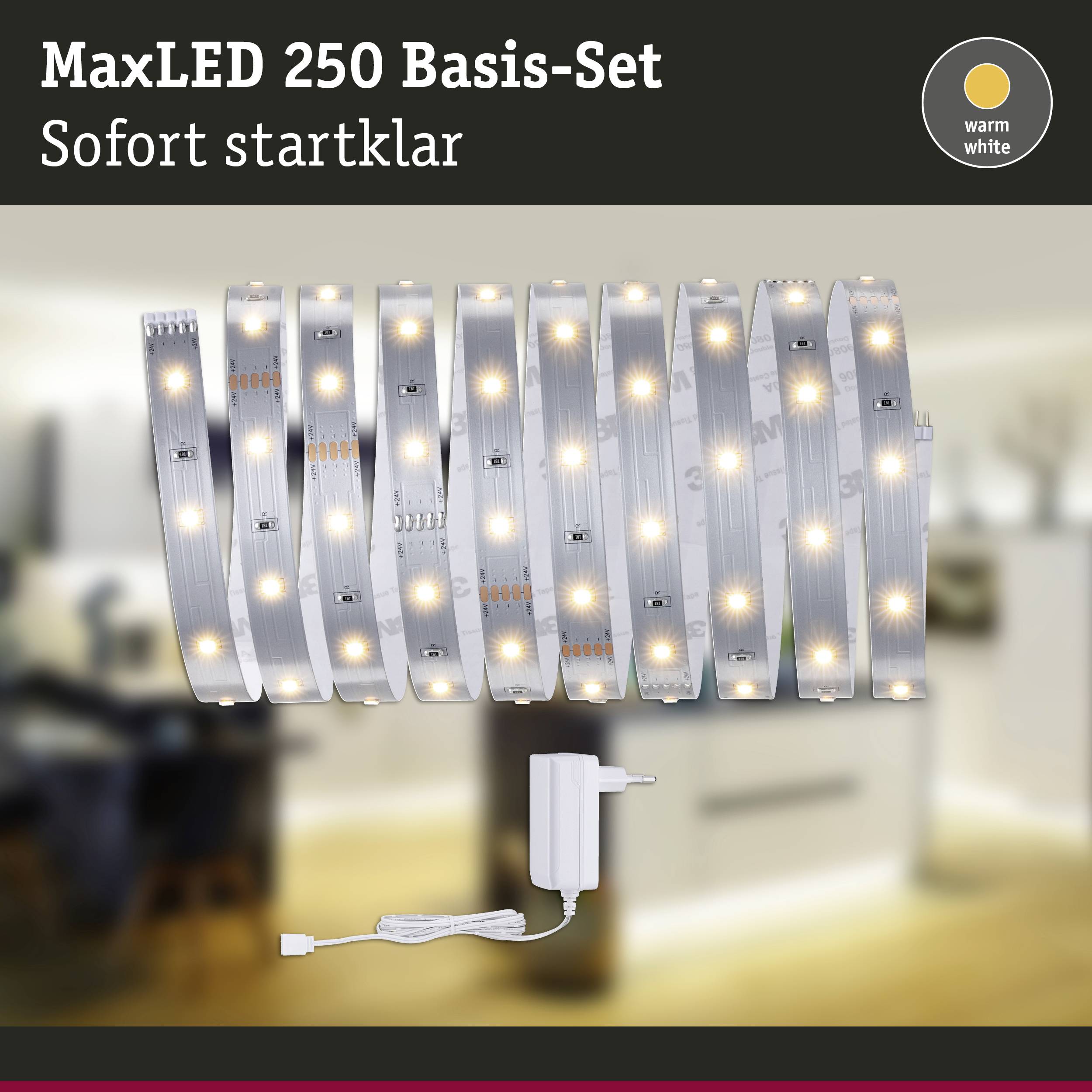 MaxLED 250 Basic Set: LED strip in warm white with power supply, ready to use immediately. Perfect for creating atmospheric lighting.