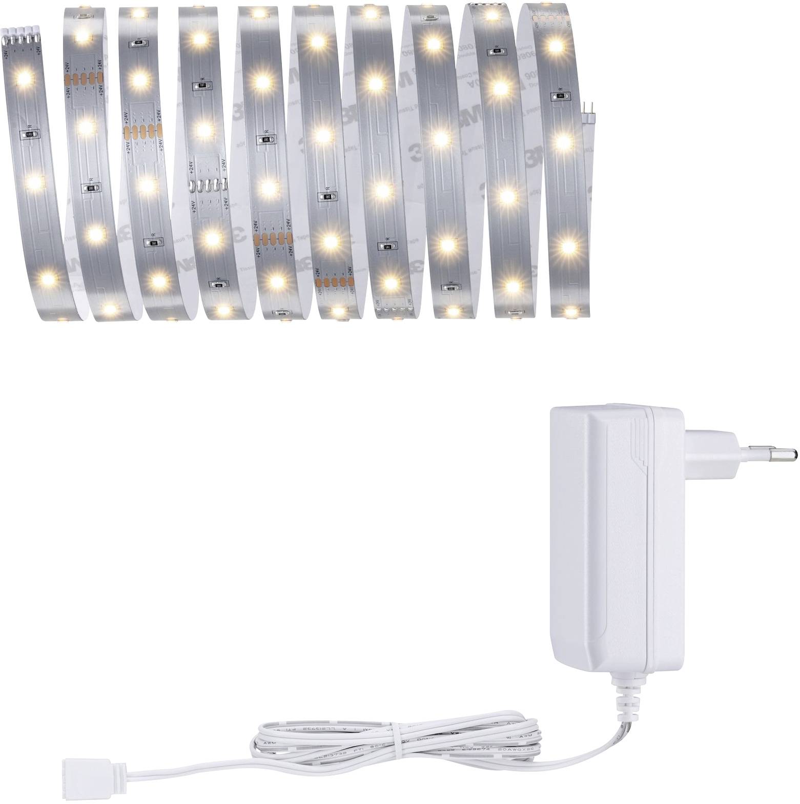 LED light strip with warm white light and power adapter, suitable for mood lighting in interior spaces.