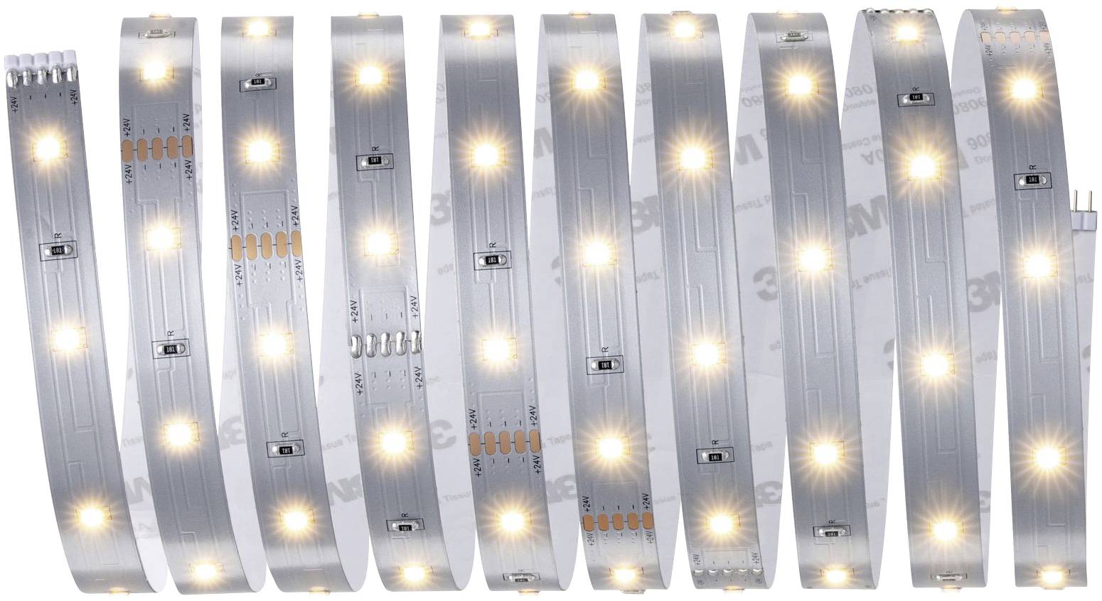 Ten luminous LED strips are vertically arranged side by side. They emit a warm white light.