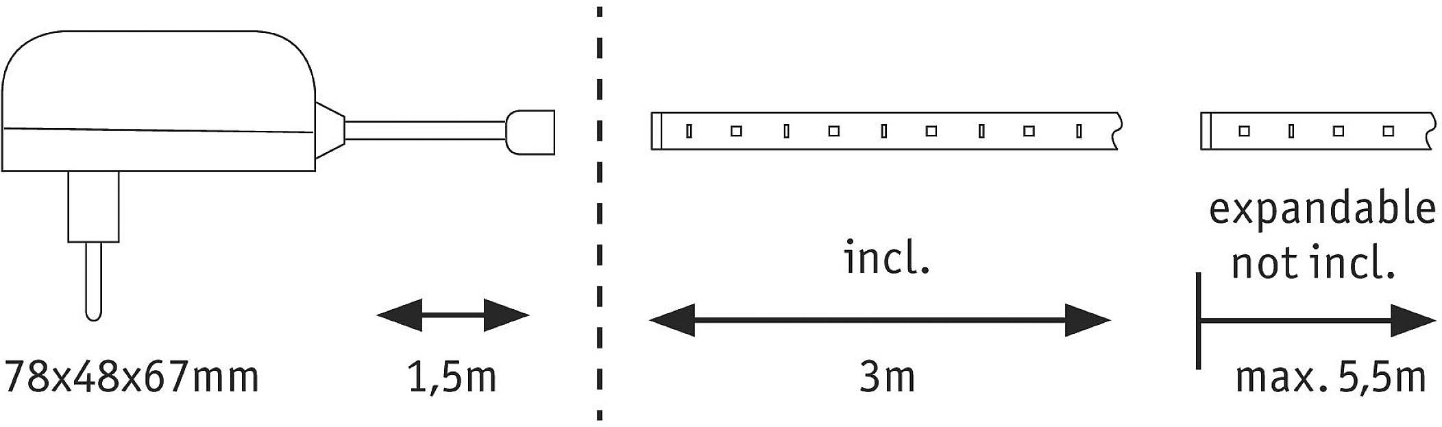 Drawing of an electrical device with dimensions 78x48x67 mm and cable of 1.5 m length. Inclusive of 3 m extendable up to 5.5 m not included.