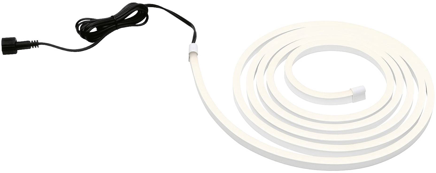A long, white LED light strip, laid out in a spiral configuration, with a black connection cable at one end.