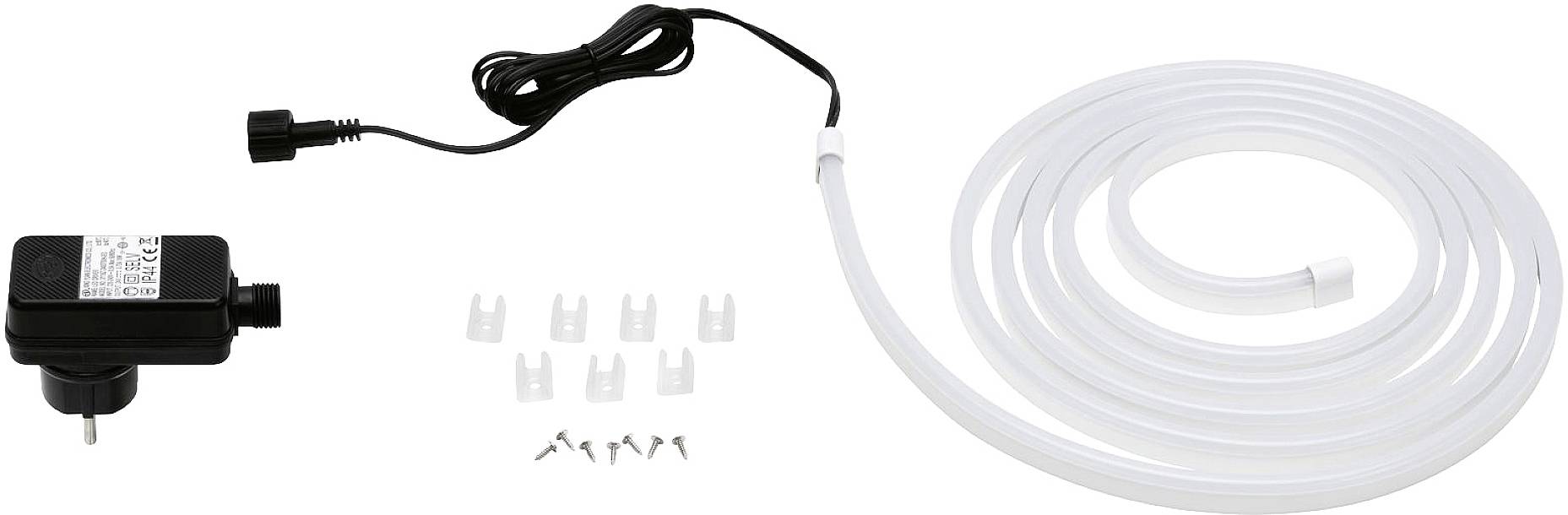 Power supply with cable and plug, transparent tube with several clips and nails for fixing LED strips or similar.
