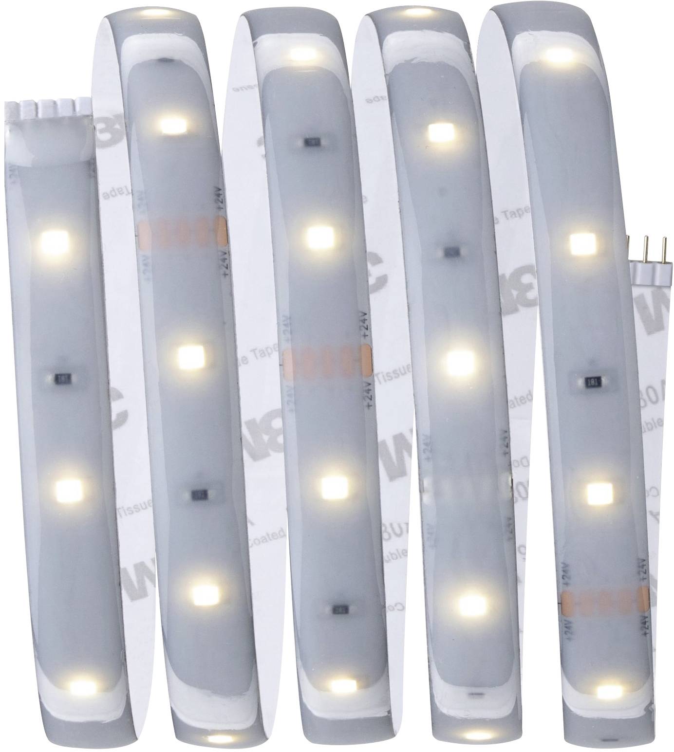 Five LED strips shine evenly in white. They are arranged in parallel and display their illuminating diodes.