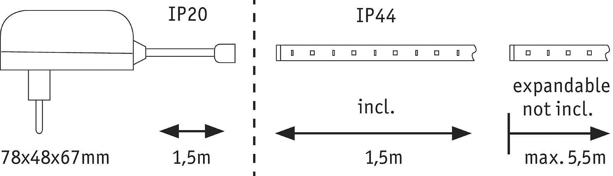 Figure shows light chain with IP20 switch and IP44 cable. Total length 3m, extendable to 5.5m (not included).