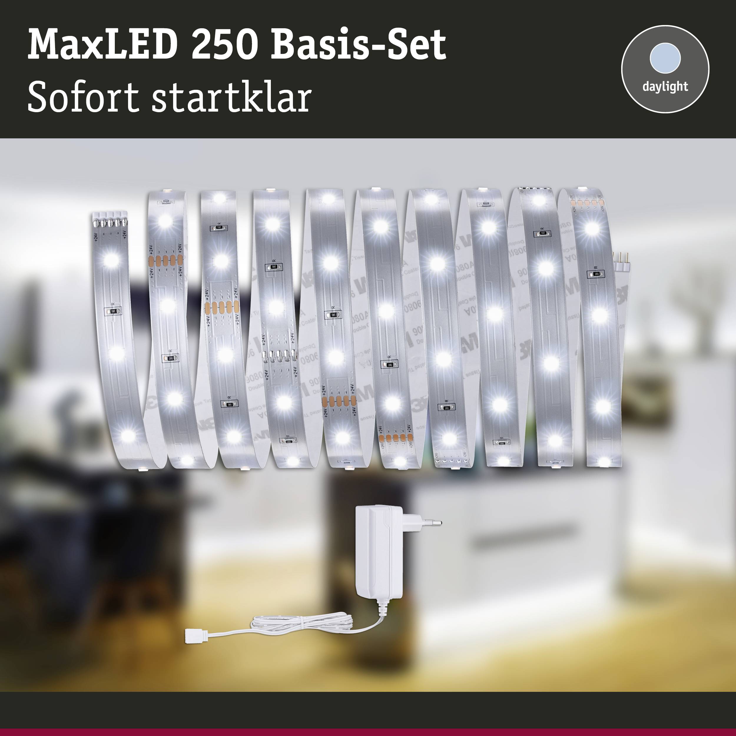 MaxLED 250 Base Set: Includes LED strip and power supply. Ready to use immediately. Background shows blurred living space.