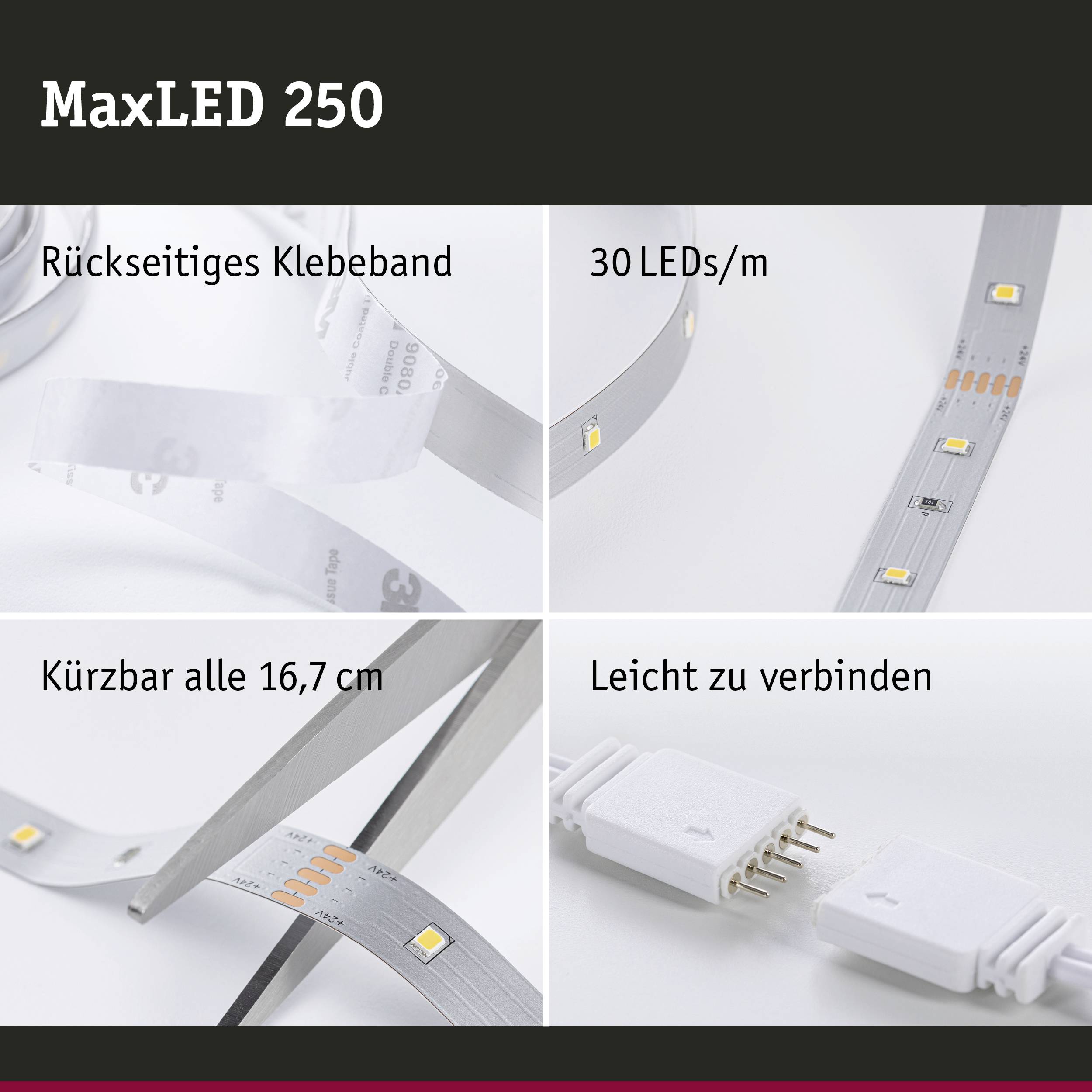 'MaxLED 250' LED strip with adhesive backing. Contains 30 LEDs/m, can be cut every 16.7 cm. Easy to connect.