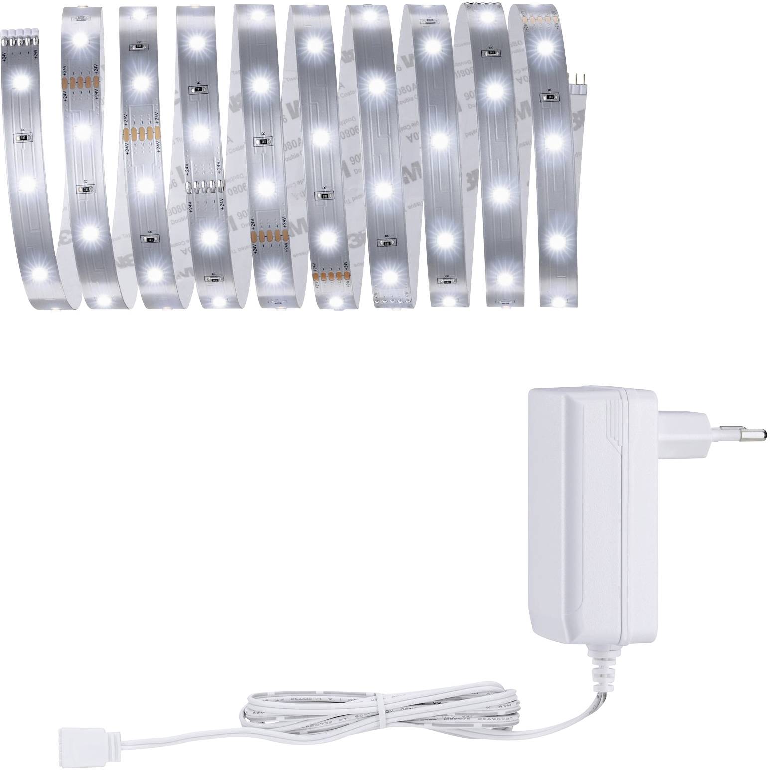 LED light strip with mains adapter. Strip illuminates white, adapter connected to cable. Ideal for lighting purposes.