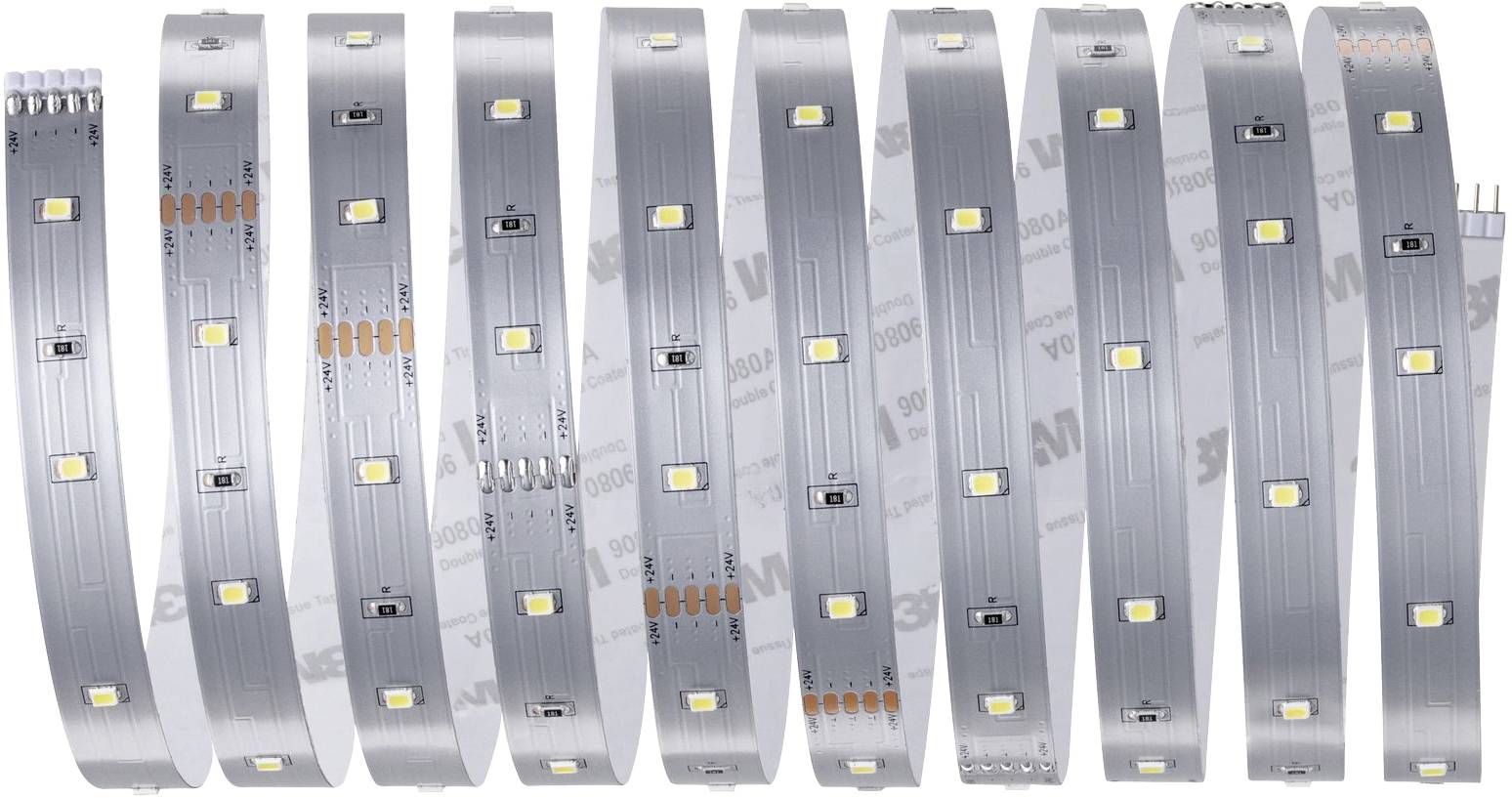 LED strip tape with evenly distributed LEDs on a reel, showing the front side with multiple parallel lines and contacts.