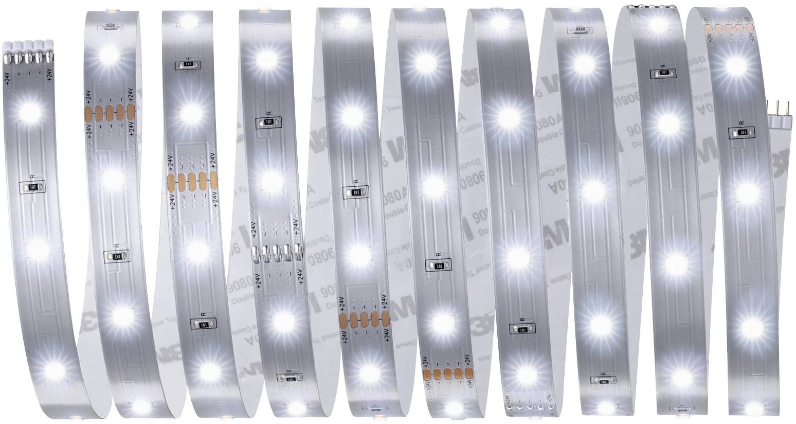 White LED light strips in a curved pattern. They shine brightly and evenly, suitable for decorative lighting.