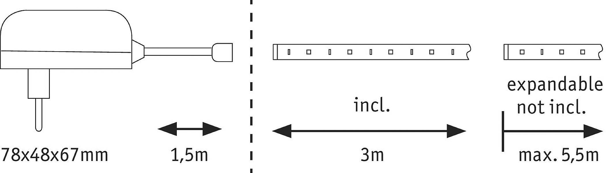 Diagram shows charging station and cable: Plug (78x48x67mm), cable 1.5m. Includes 3m extensible. Maximum length: 5.5m.