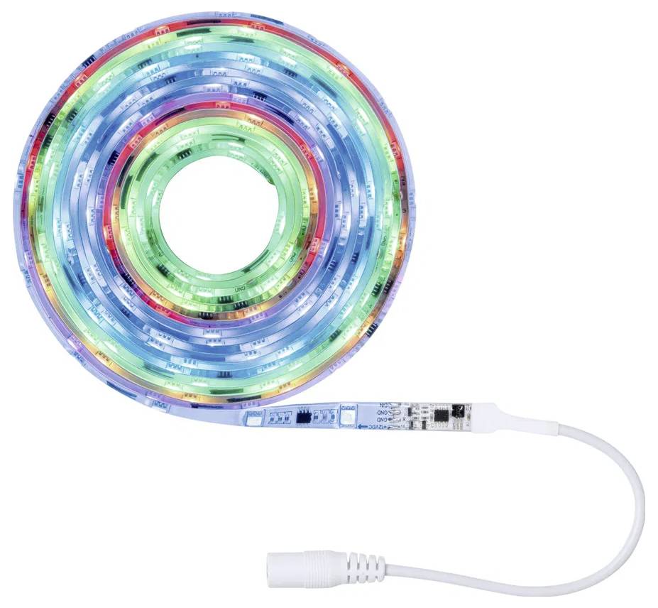 Colourful illuminated LED strip, rolled up, with connection cable. Ideal for decorative room lighting.