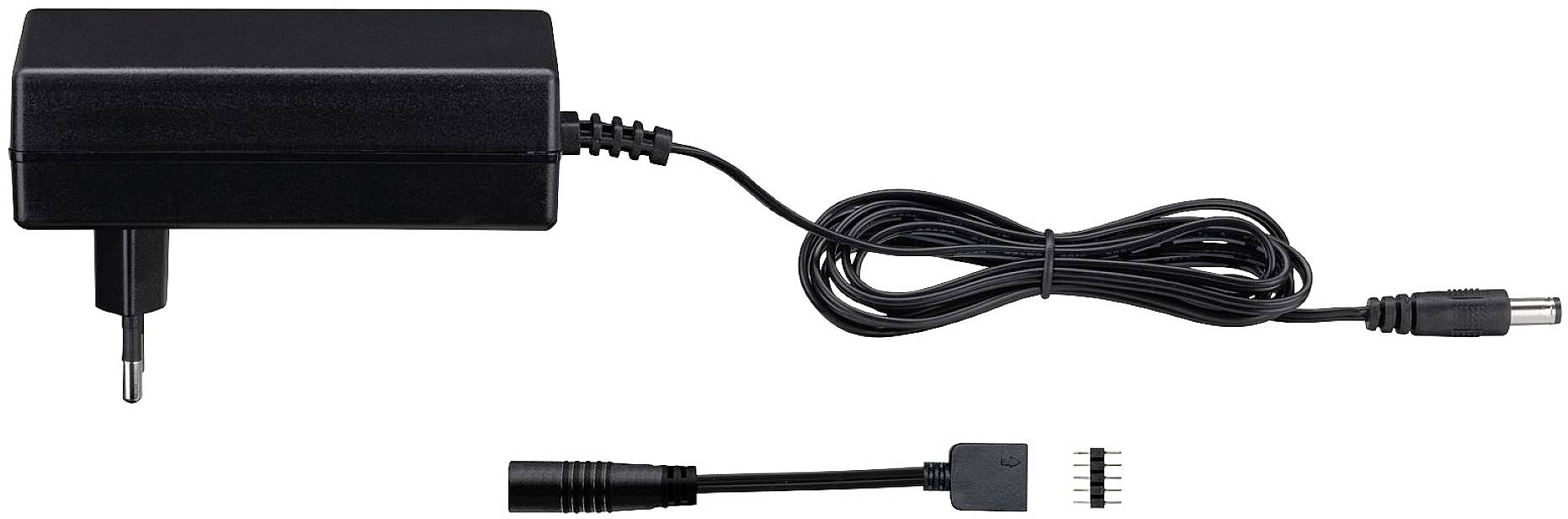 A black power supply with a long cable ending in a plug. Next to it is a close-up of the plug with four pins.