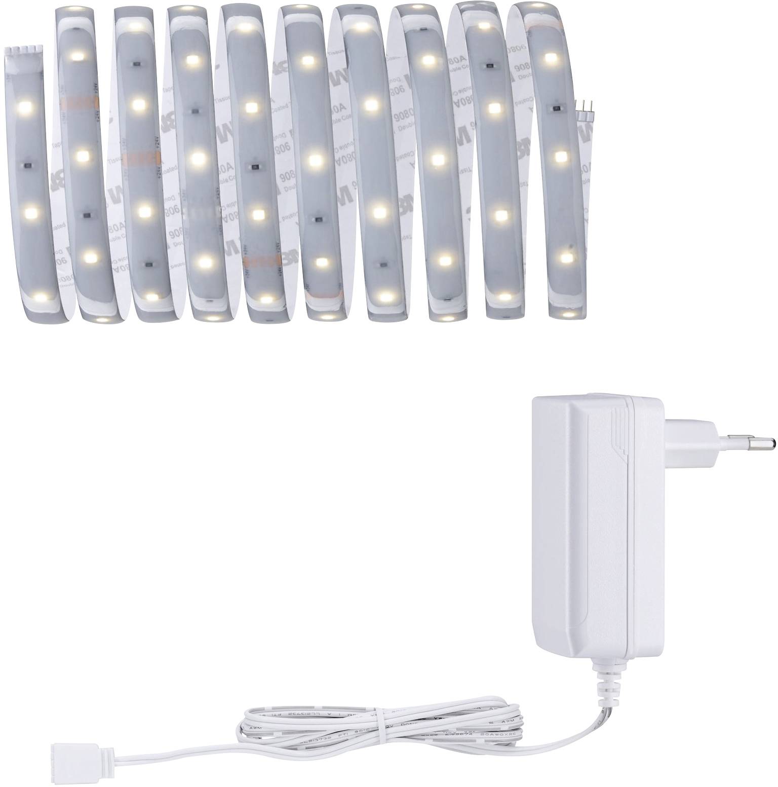 'White LED light strip' and 'power supply'. The strip is flexibly curved, and the power supply has a long cable and a European plug.