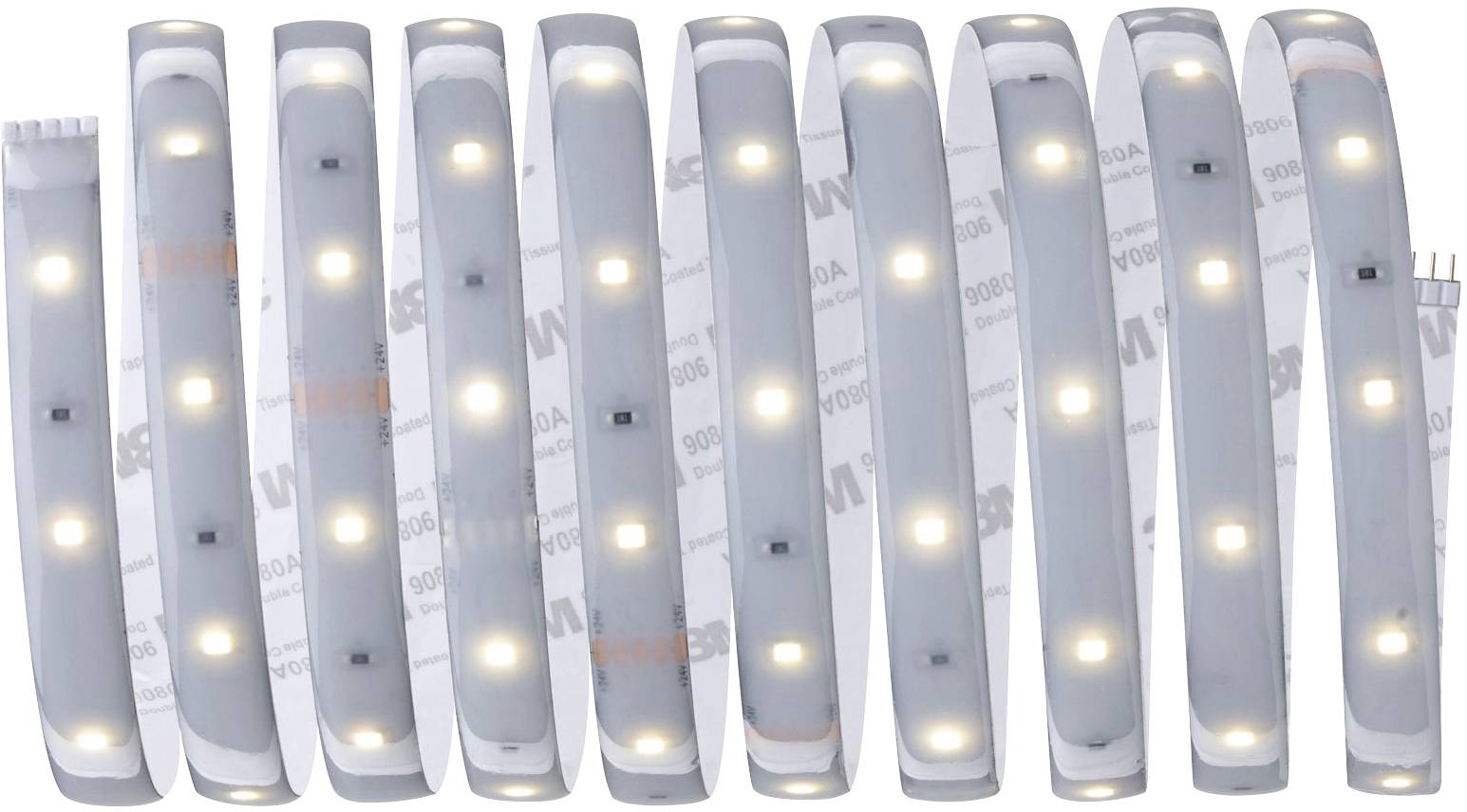 A series of LED light strips arranged vertically. Each strip glows in a soft, warm white hue.