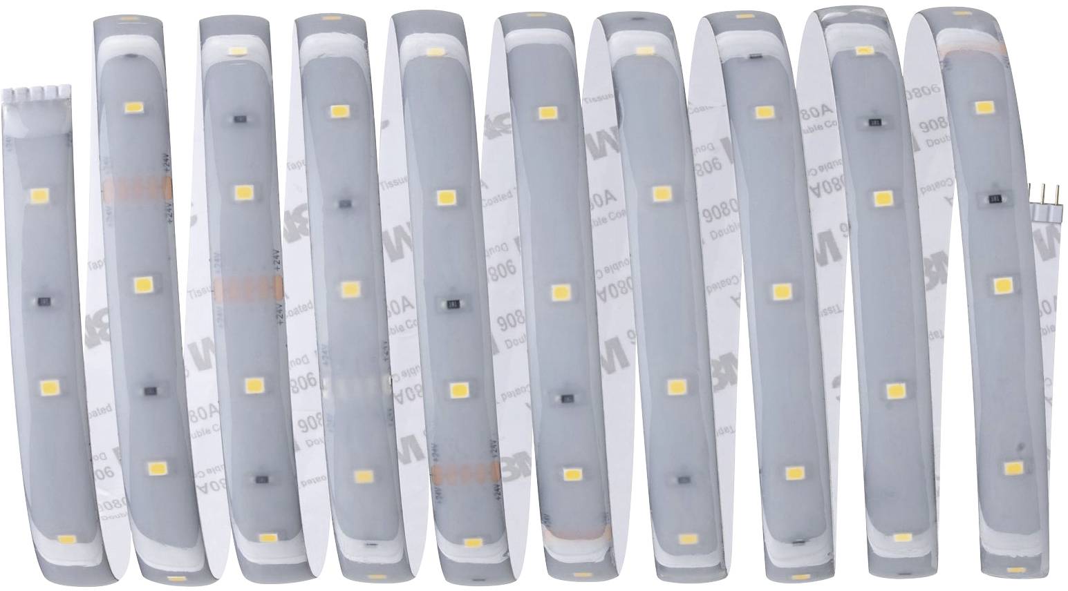 Ten flexible LED strips in grey with yellow lights, arranged side by side, show the front and back of the strips.