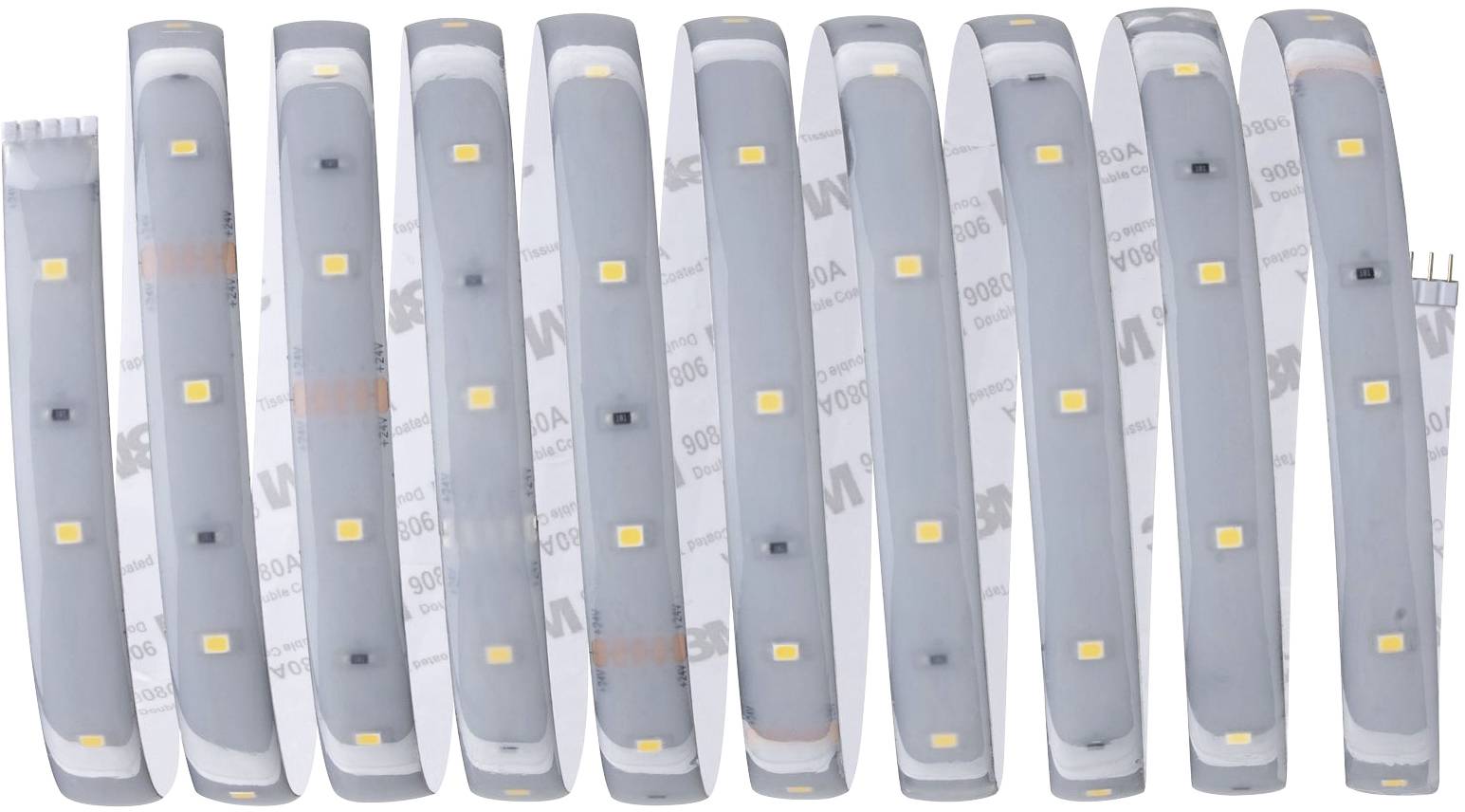 LED light strip with multiple evenly distributed light-emitting diodes, frontally depicted on a white background.