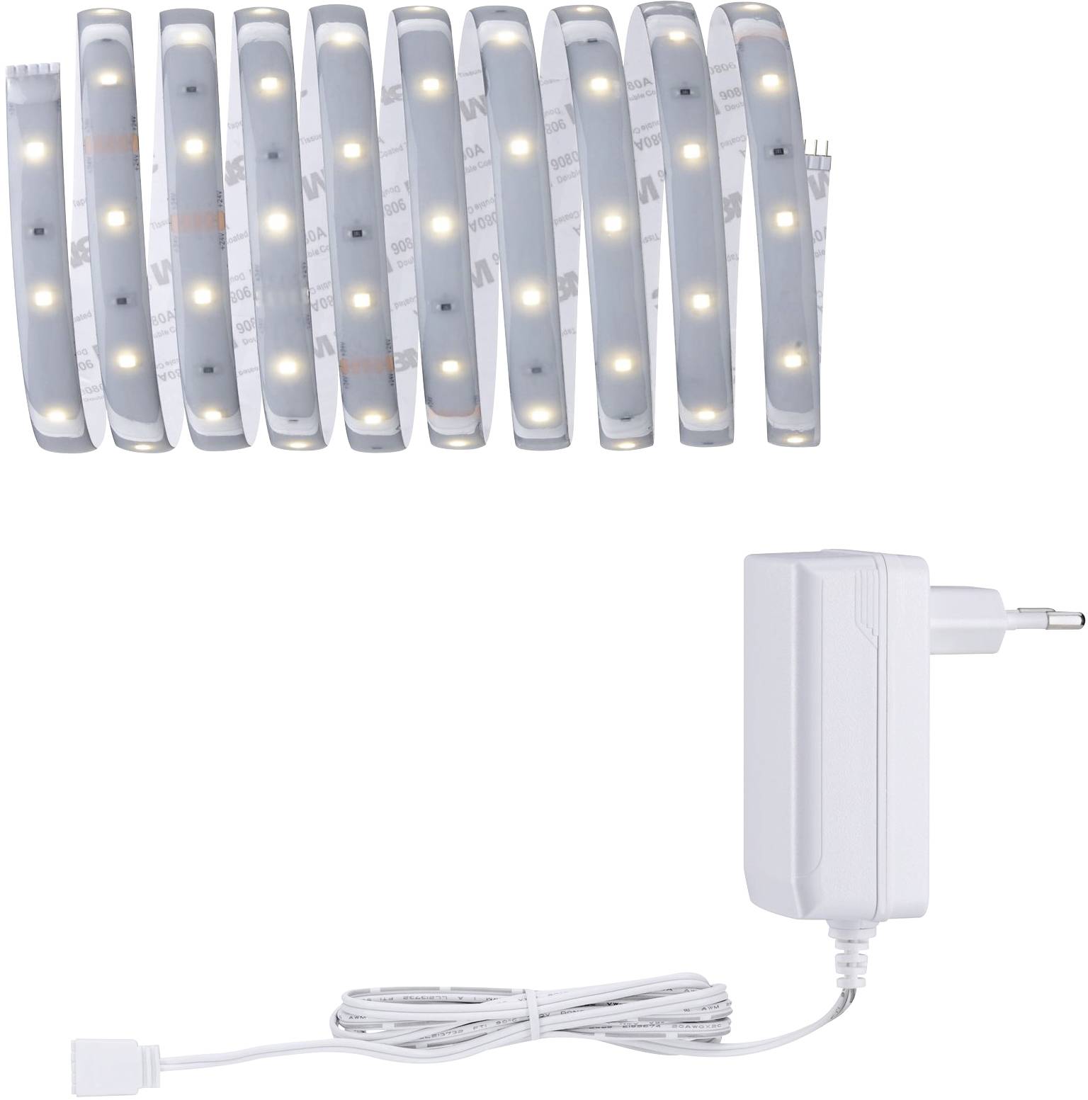 LED light strip and power adapter. The light strip is bent multiple times and shows glowing LED bulbs. Adapter with cable underneath.
