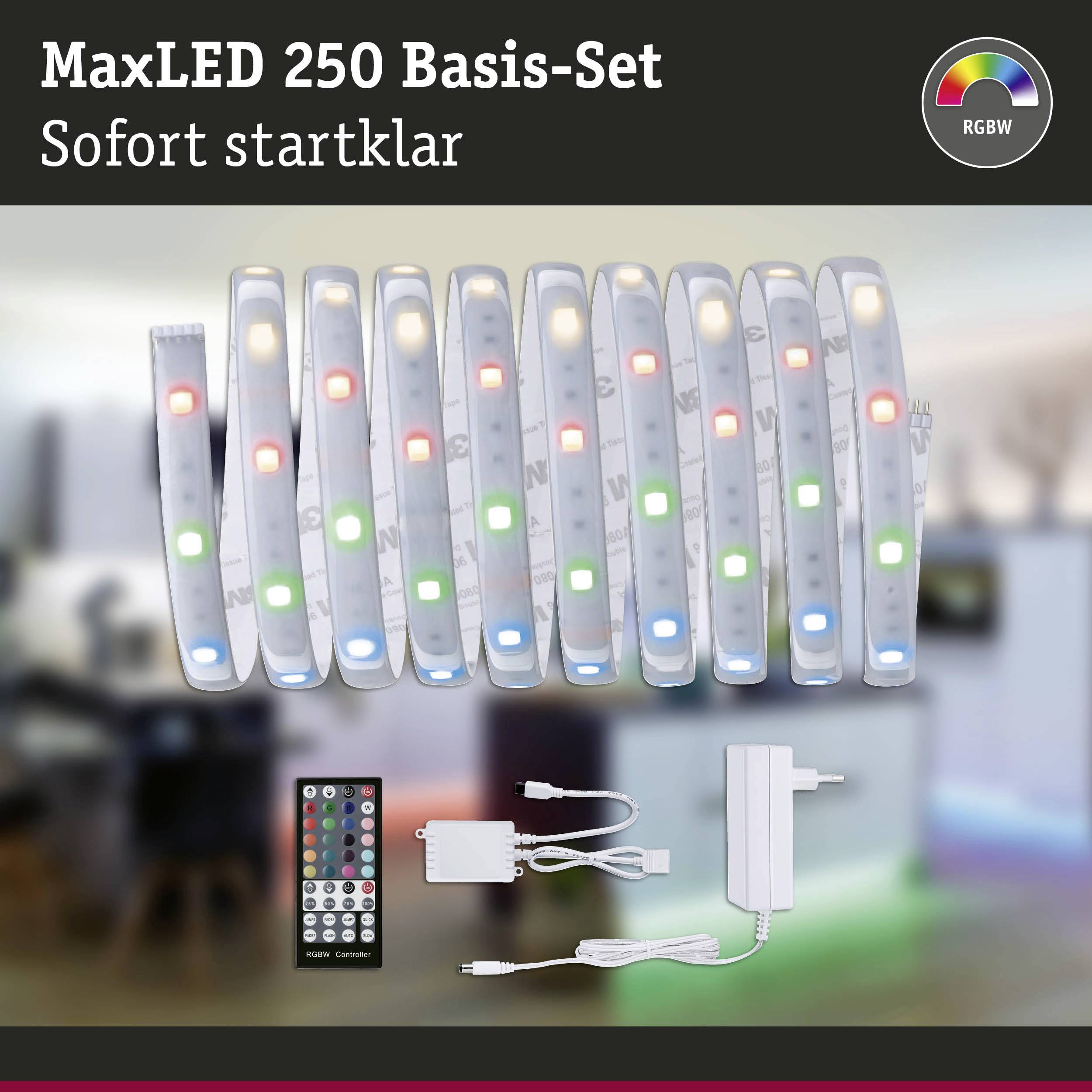 MaxLED 250 Basic Set with LED Light Strips, Remote Control and Power Supply. Includes colourful RGBW LEDs, advertised as 'Ready to Use Immediately'.
