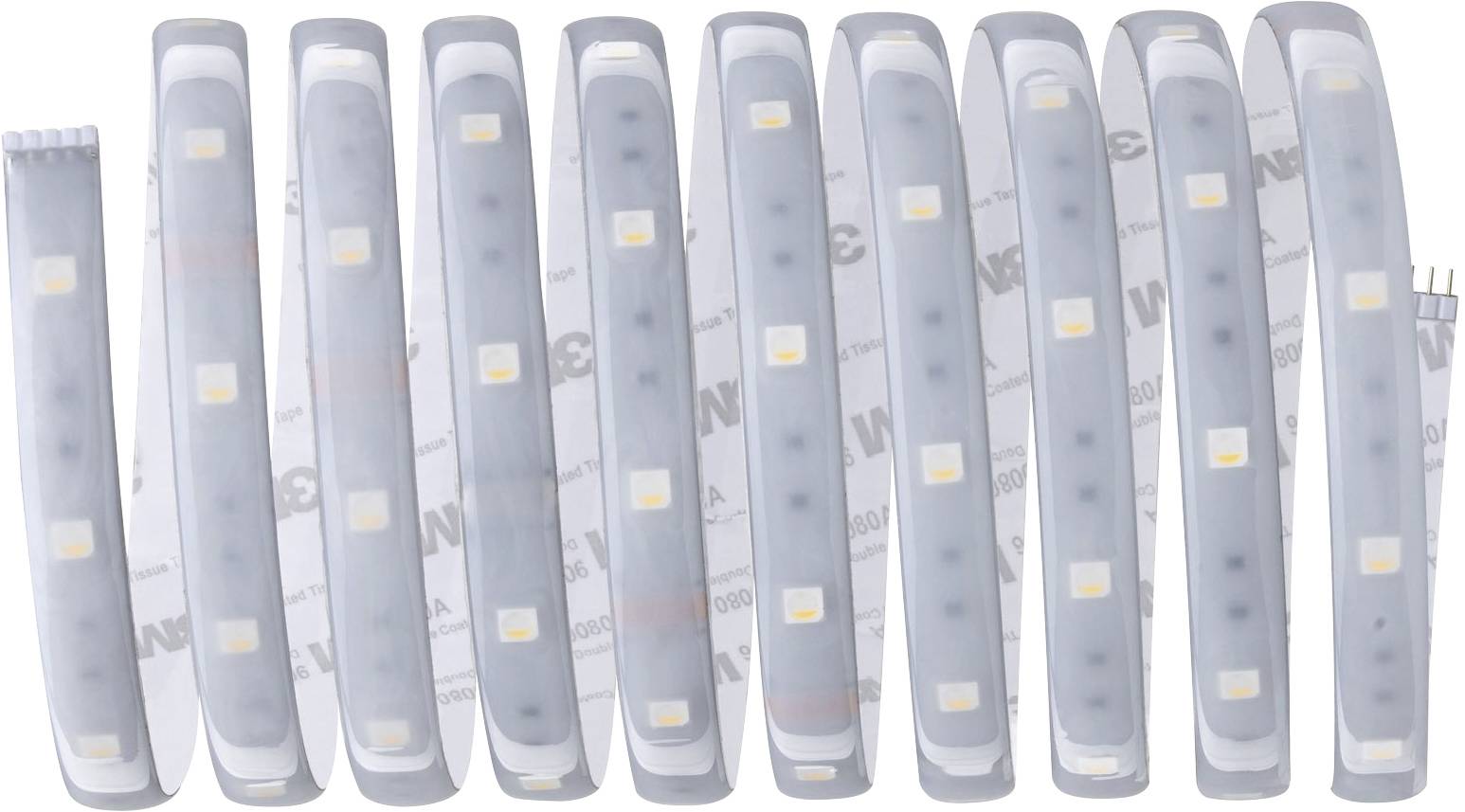 LED light strip with white LEDs, rolled up, for decorative lighting. Shows transparent layer over the LEDs.