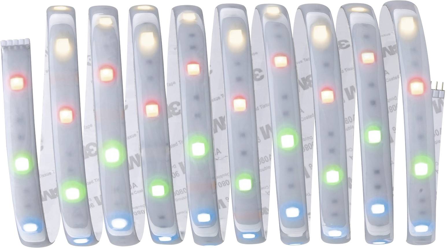 LED light strips with various colours of illuminating diodes, including red, green, blue, and yellow, on a white background.