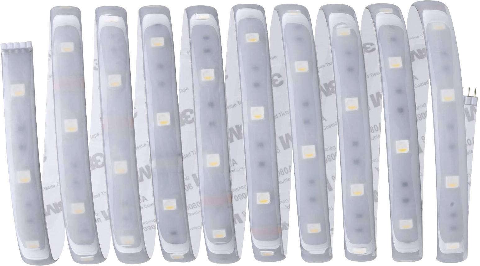 Flexible LED strip, rolled up. White LEDs evenly distributed across the surface, suitable for lighting applications.