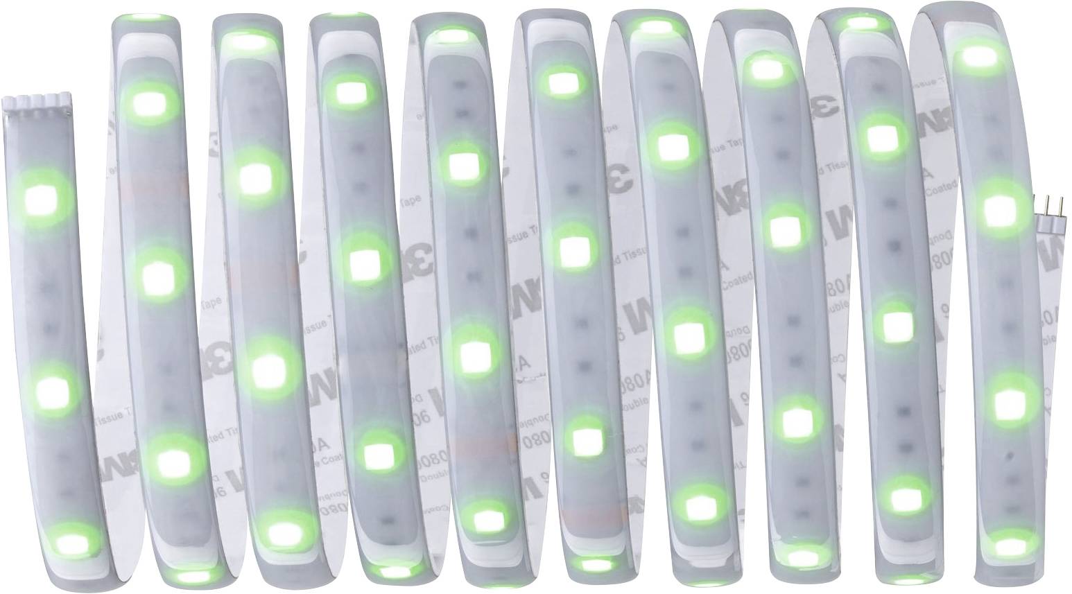 LED light strip with green-glowing diodes on a white background; shows a flexible, multi-coloured light set.