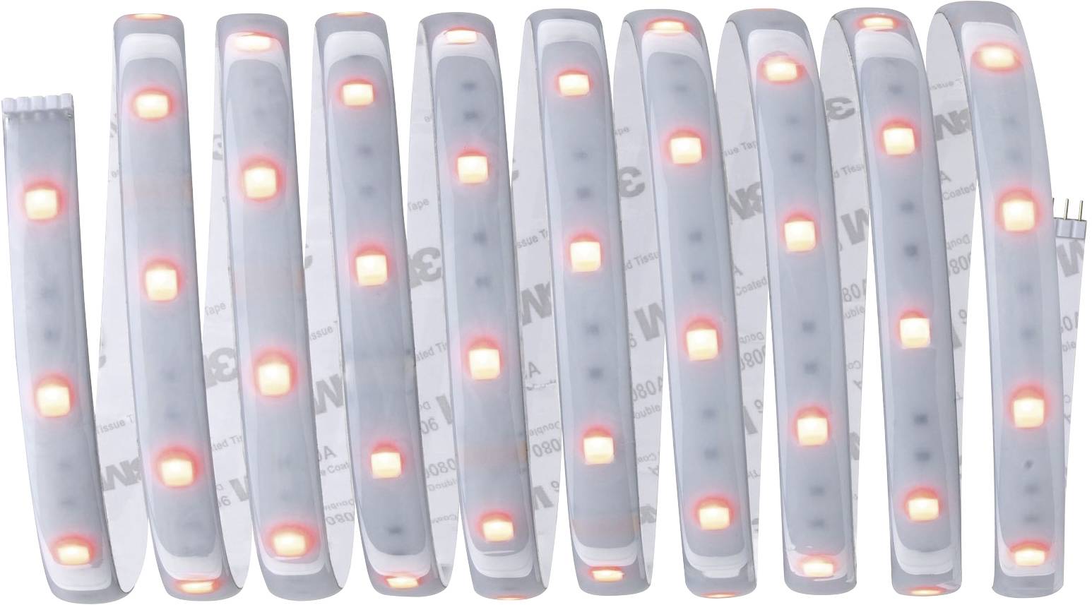 LED strip with red glowing diodes on a white background. The strip is wavy multiple times and shows the uniform distribution of the LEDs.