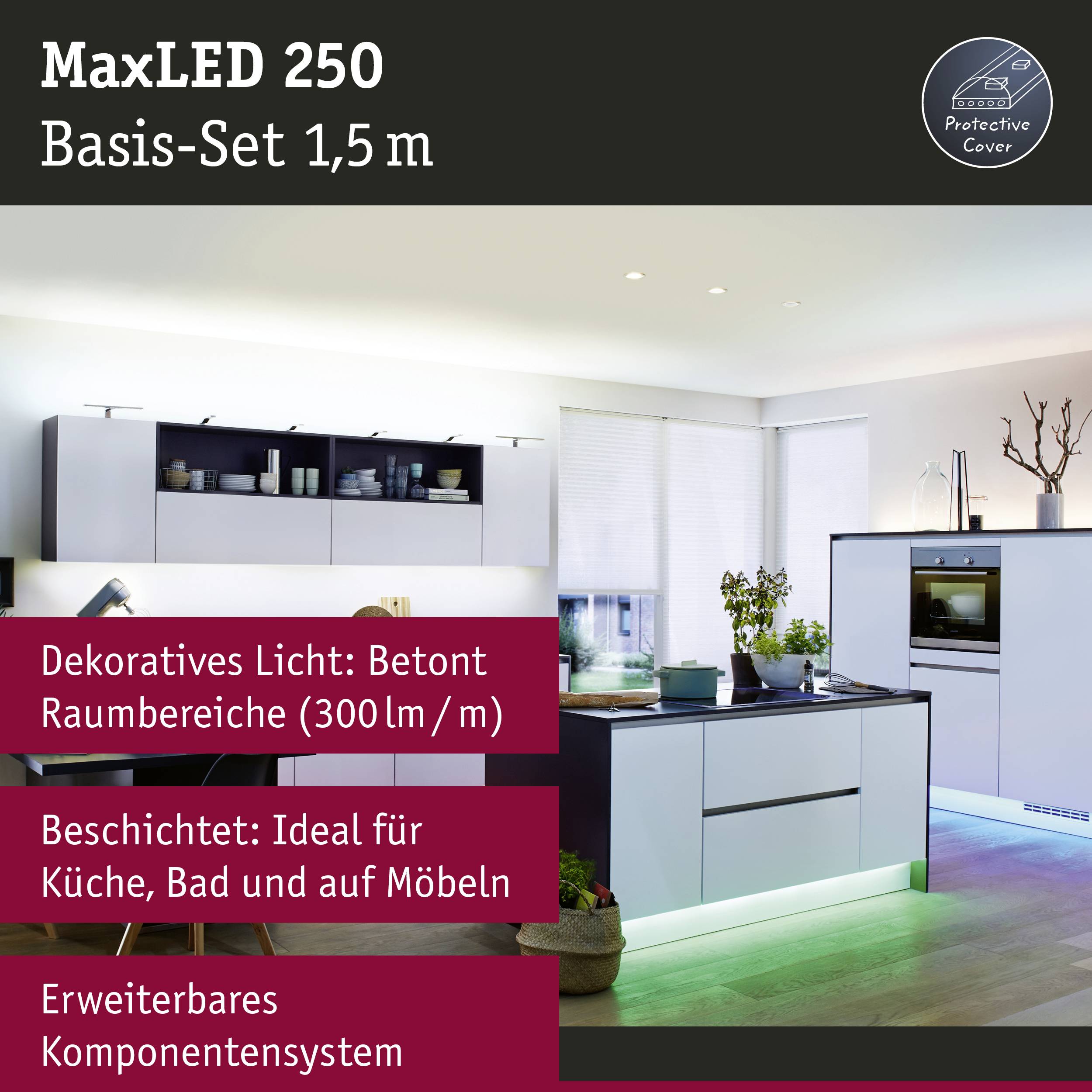 A modern interior with decorative LED lighting that emphasises specific areas of the room. Applications on furniture and floors.