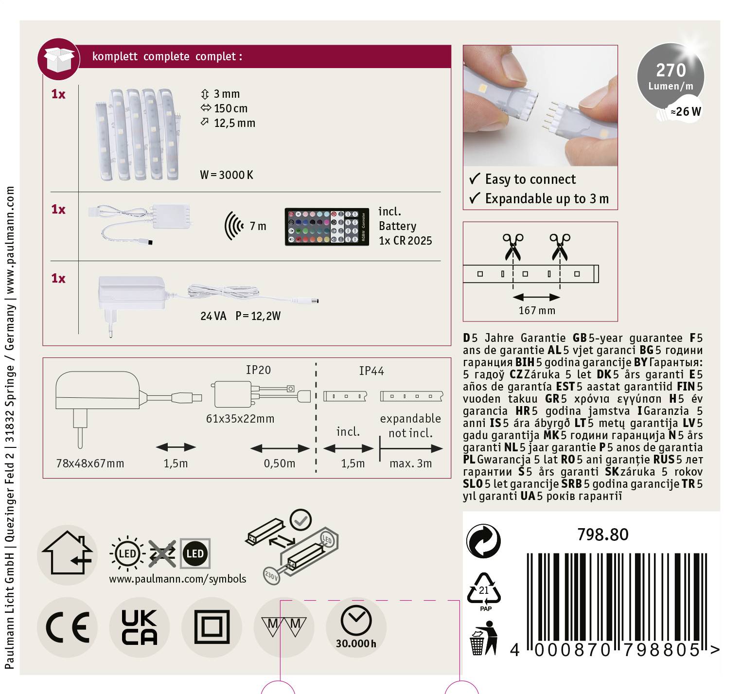 LED light set with 6 strips, remote control, adapter and plug system. Extendable up to 3 m, 5-year guarantee, 270 lumens.