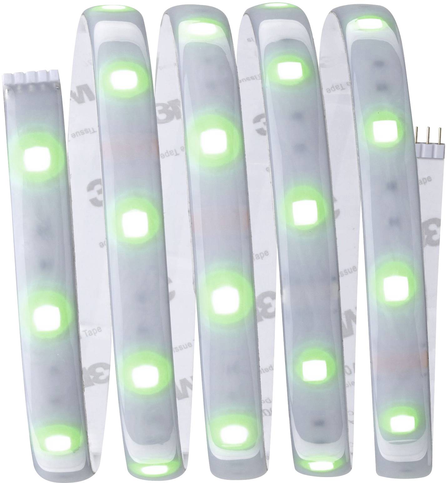 Flexible LED strip with green-illuminating LEDs at regular intervals on a transparent carrier film.