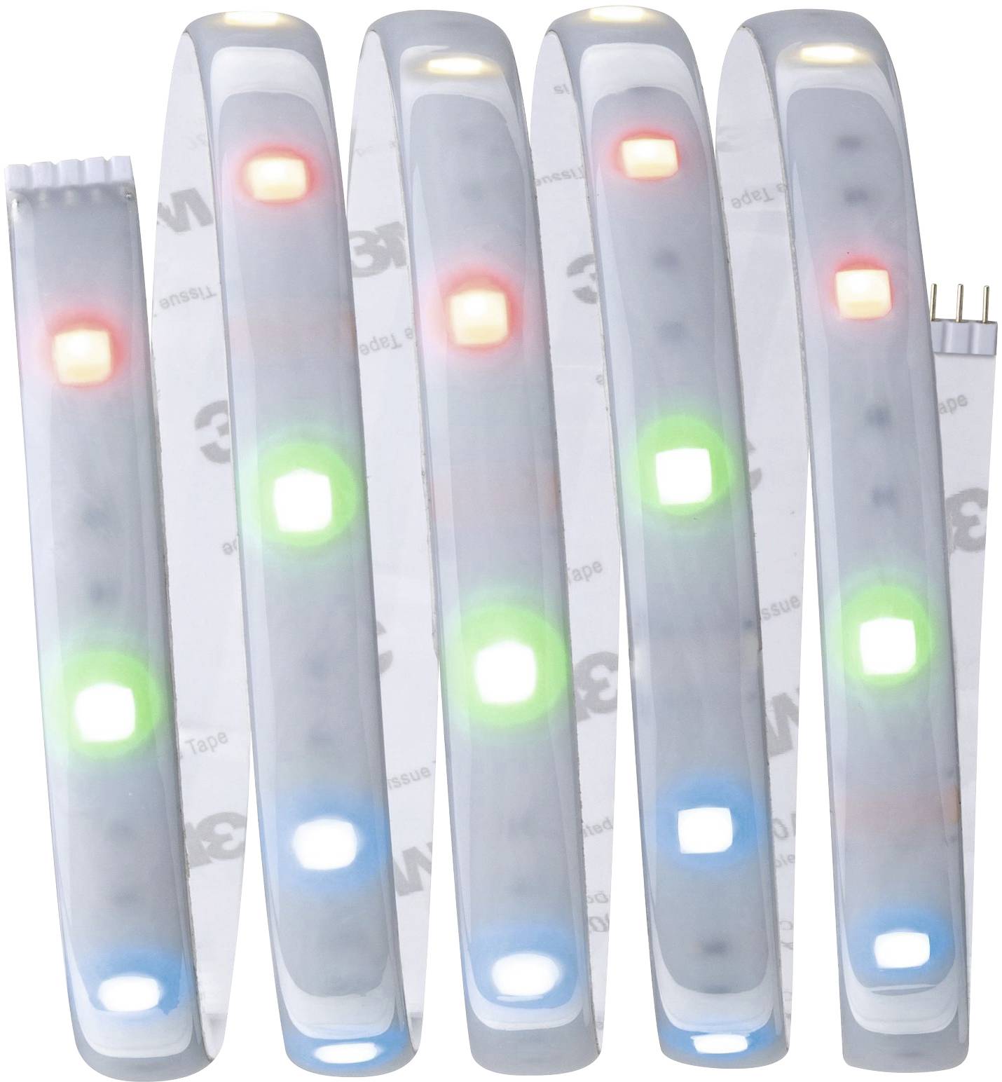 LED light strip with multi-coloured lights in red, green, blue, and white, flexibly bent, on a transparent background.