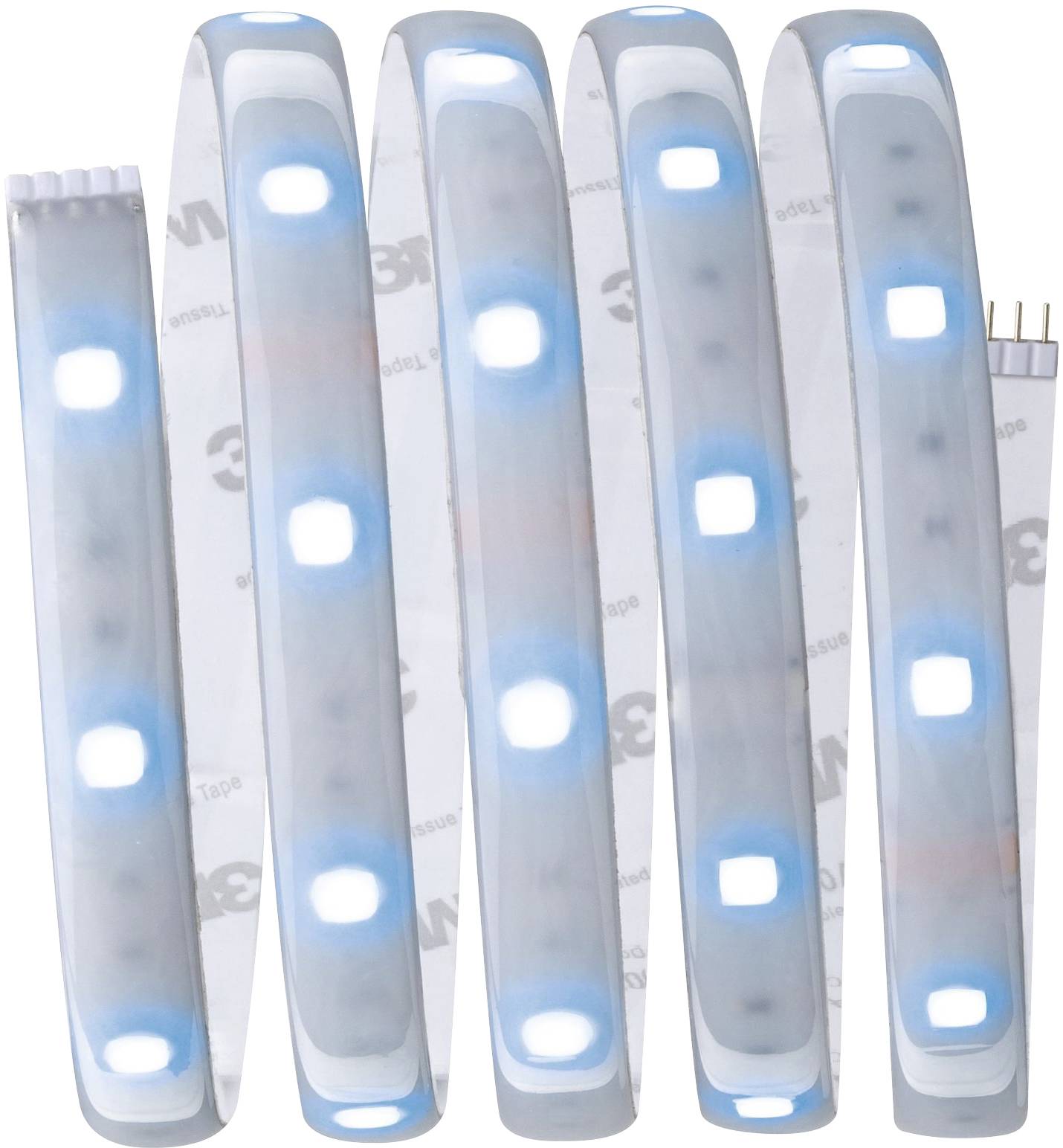 A spiral LED light strip with blue and white lights on a light-transparent ribbon, coiled for compact presentation.