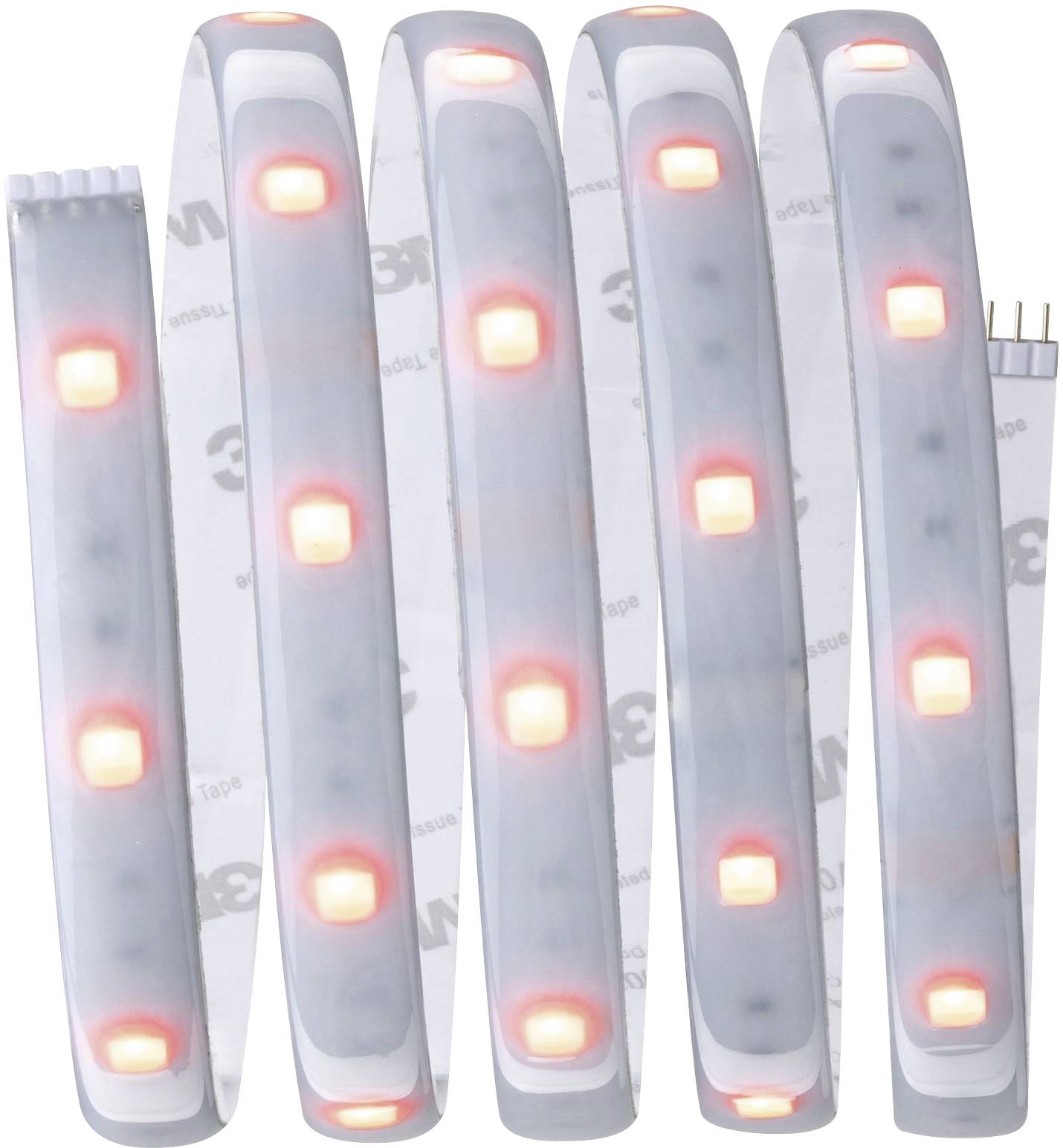 White LED light strip in loop form with evenly distributed red illuminating LEDs. Suitable for decorative lighting.