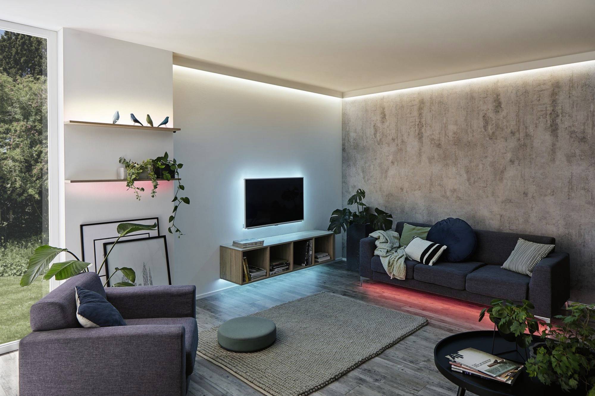 Bright living room with modern furniture: sofa, armchair, television, shelves with plants and colourful LED lighting. Window with a view of greenery.