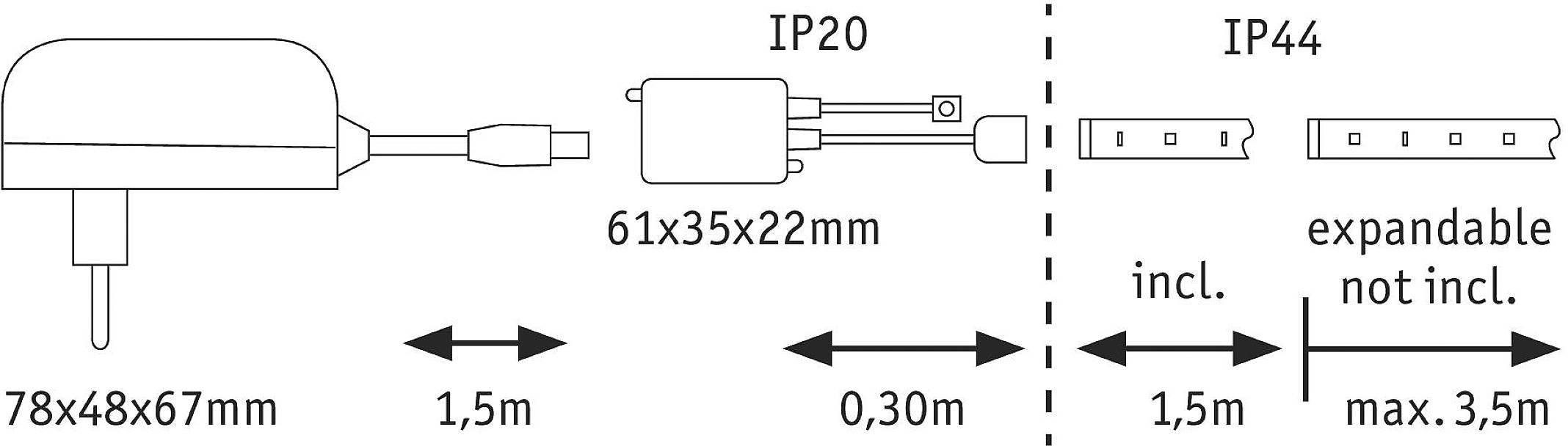 Wiring diagram for electrical devices: IP20 plug, 61x35x22mm, 0.30m cable; to IP44 device, extendable to max. 3.5m, 78x48x67mm.