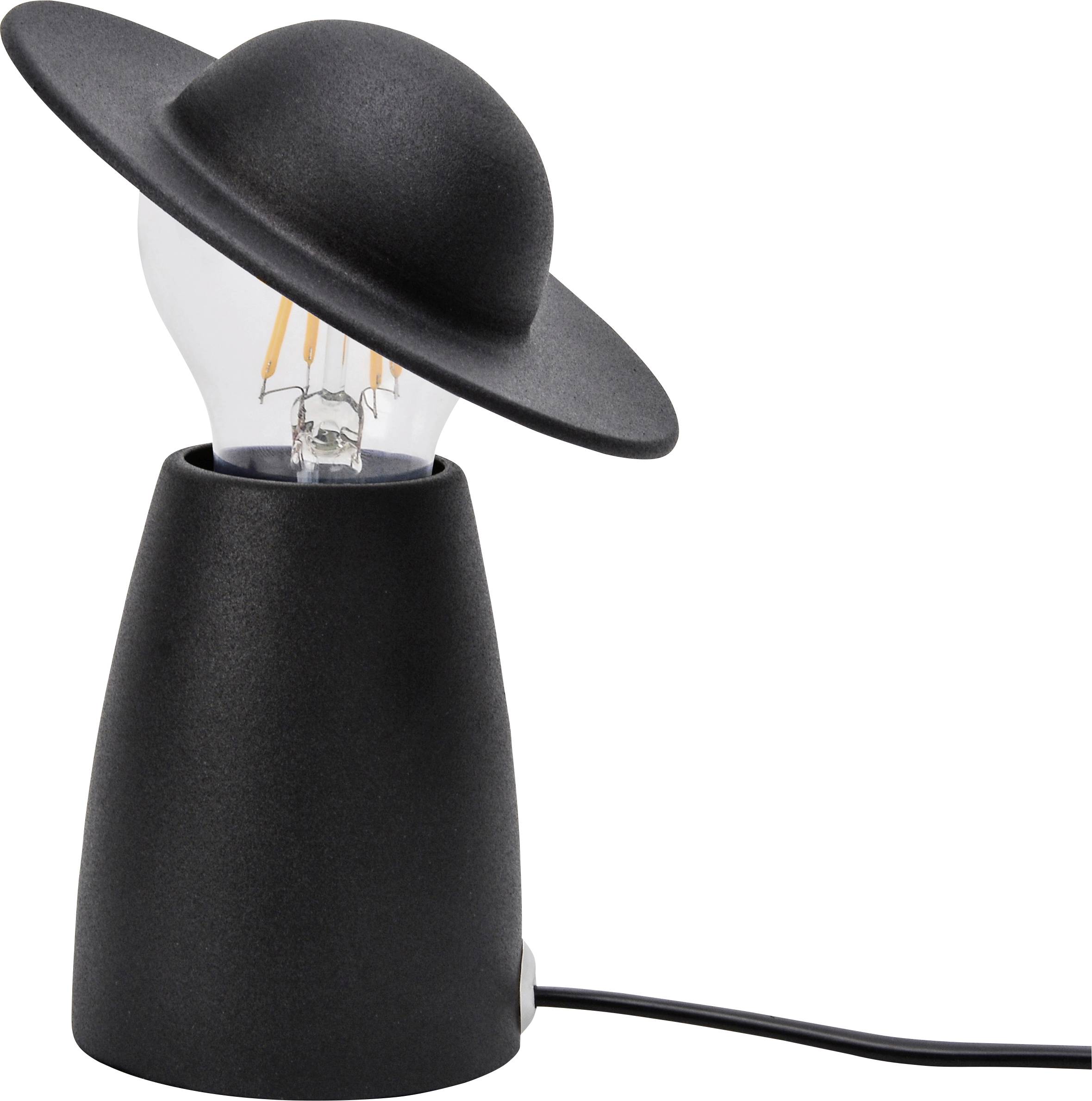 A black table lamp with a glowing LED bulb that looks like a planet in orbit.